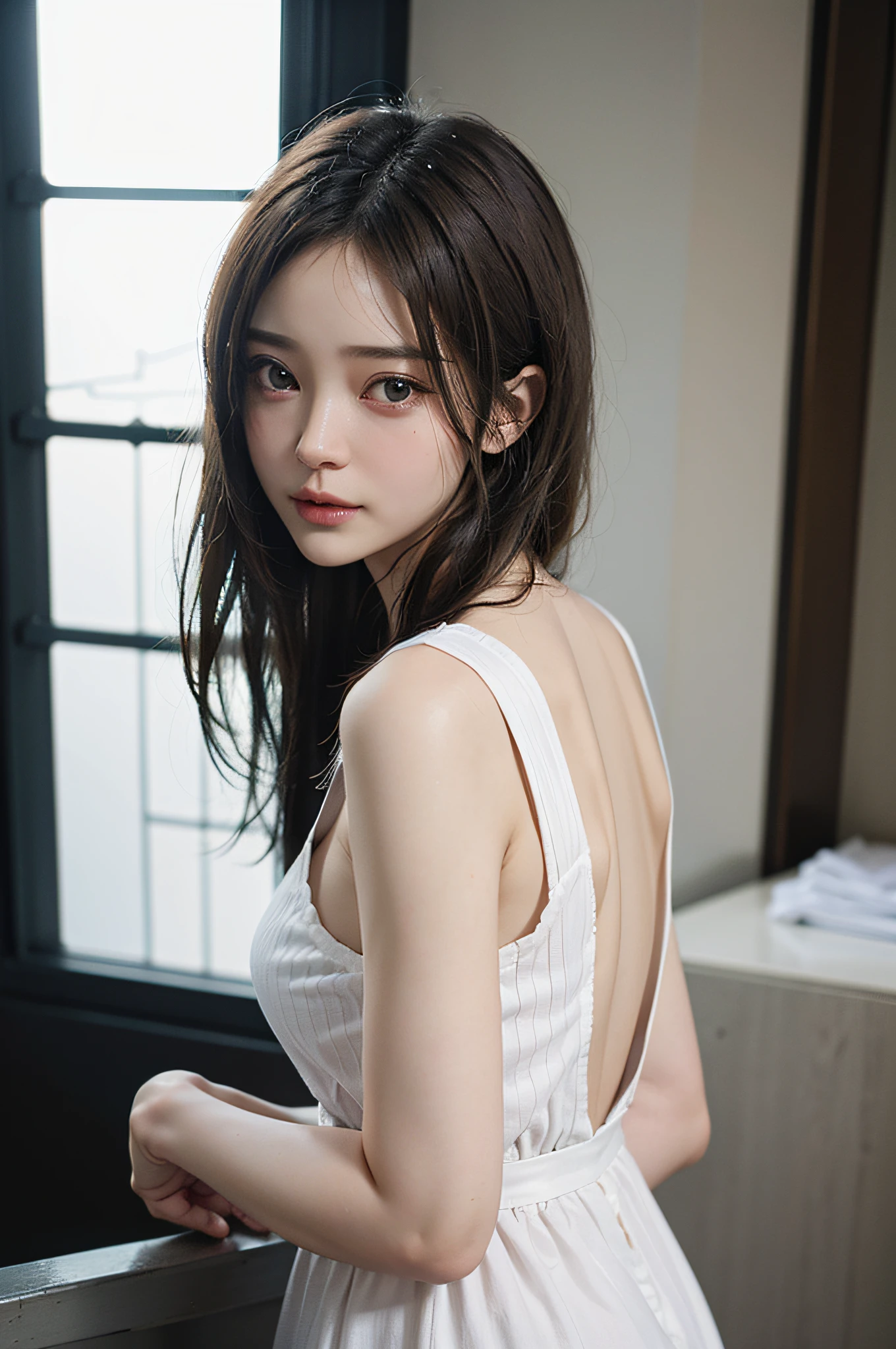 clothed、(Photo Real:1.4)、(hyper realisitic:1.4)、(realisitic:1.3)、 (Smoother lighting:1.05)、(Improved lighting quality in movies:0.9)、32K、shinny skin、 1girl in、20 years girl、Realistic lighting、back lighting、Facial light、raytrace、(Brightening light:1.2)、(Increase quality:1.4)、 (Top quality real texture skins:0.3)、finely eye、finerly detailed face、Fine quality eye、 tshirts、cowboy  shot