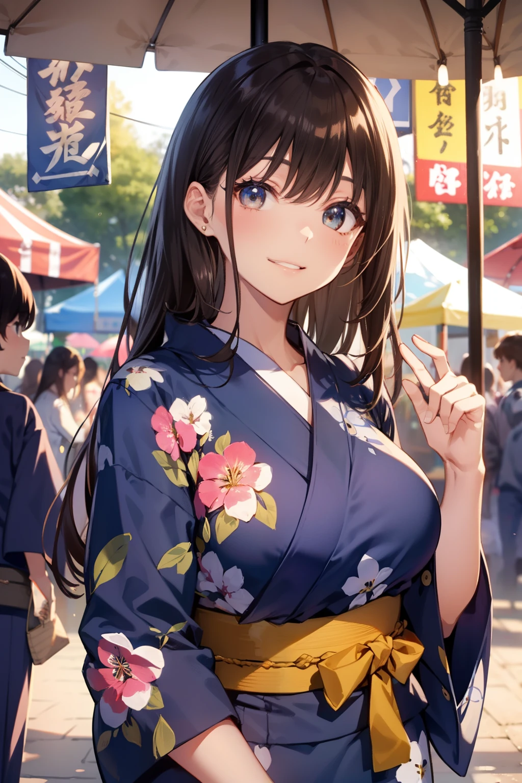 top-quality、Full limbs、complete fingers、Slender beauty、straight haired、Brown hair、Longhaire、(navy blue yukata:1.3)、floral Yukata、Summer Festivals、It is crowded with many people、Lined with food stalls、Beautiful Large Breasts、A big smile、Playing with a yo-yo、sexypose、nigh sky、skyrocket、Walking、Looking up at the fireworks