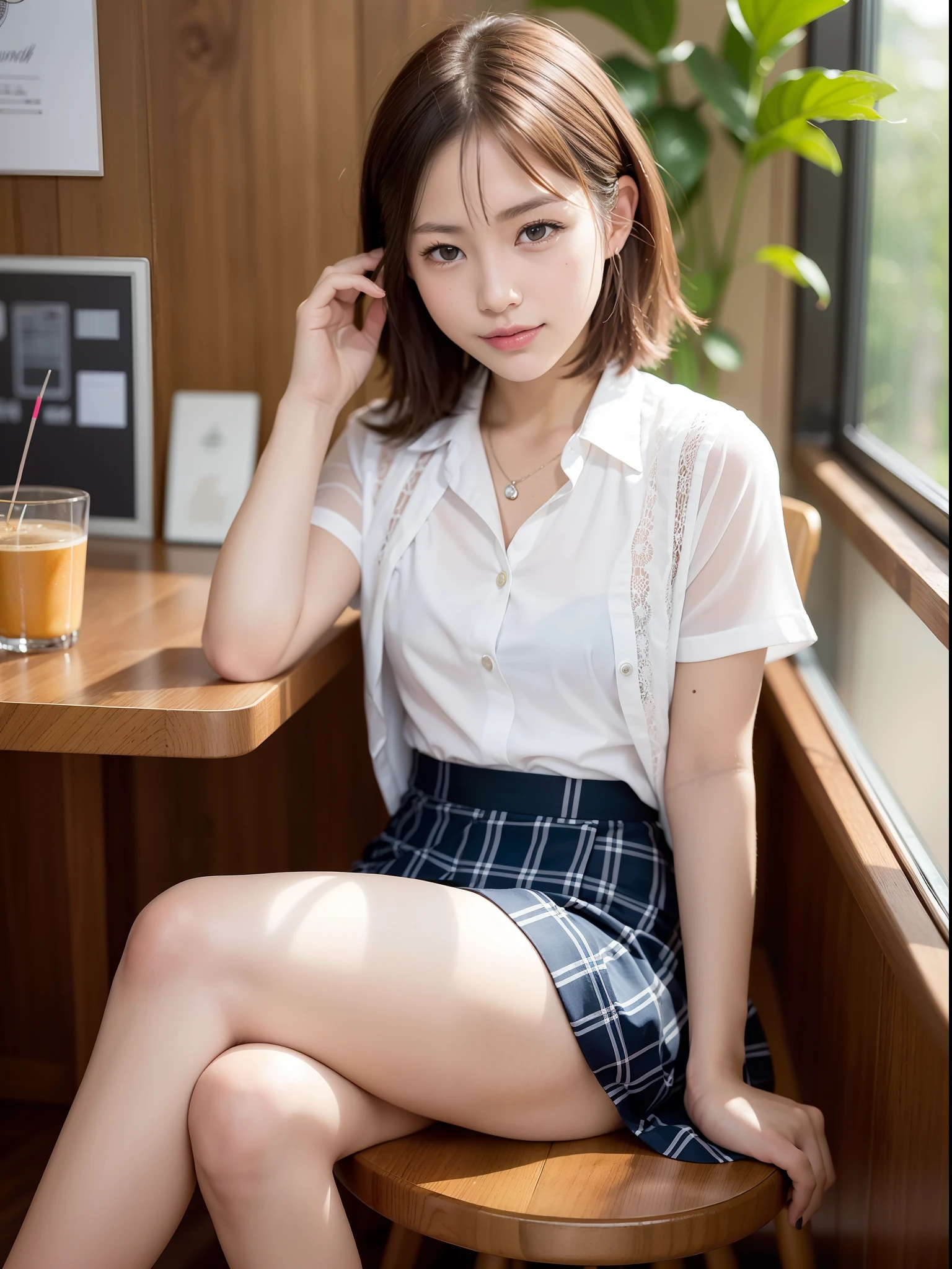 ((of the highest quality, 8K, masutepiece: 1.3, Raw photo)), Sharp Focus: 1.2, (1 AESPA Girl :1.1), Solo, (Realistic, Photorealistic: 1.37), (Face Focus: 1.1), Cute face, hyperdetailed face, (short messy hair: 1.2), Small Smile, Small breasts, flat chest, nude, (chiffon office uniform skirt), sitting, Thigh, cafe, bar, have a cellphone, flower, Cattleya