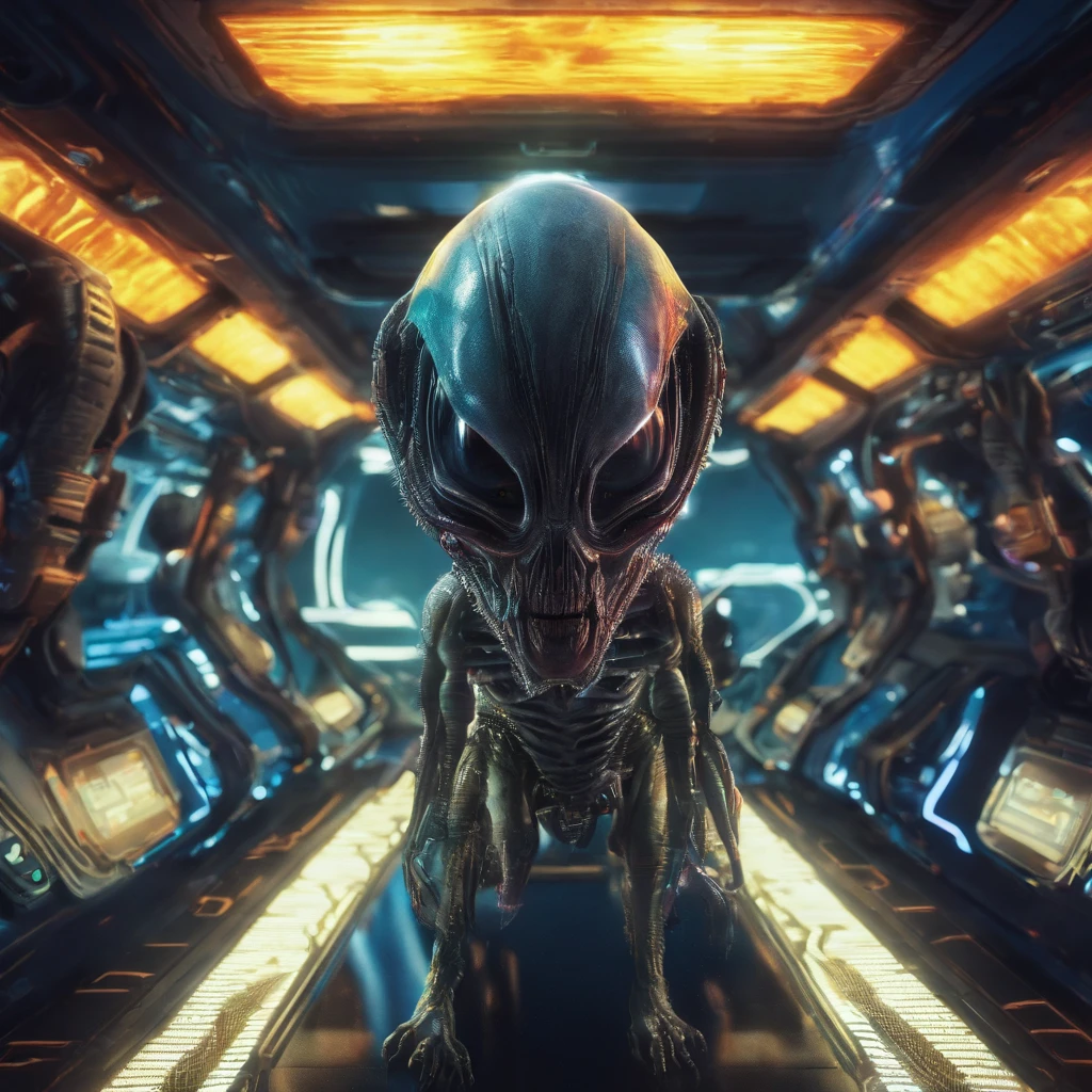 an alien in a spaceship，in a panoramic view，（plethora of colors，Best quality，high detal，tmasterpiece，cinmatic lighting，4K，Chiaroscuro）