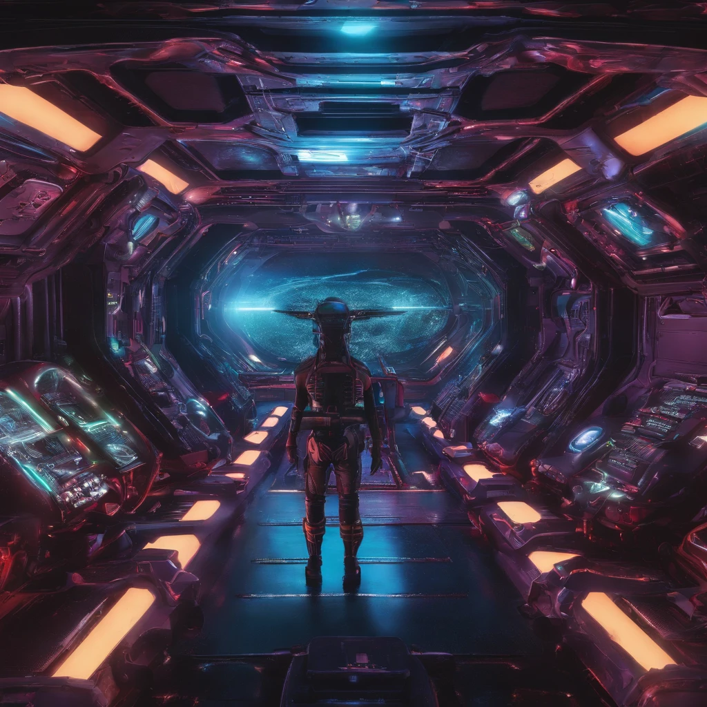 an alien in a spaceship,in a panoramic view,(plethora of colors,Best quality,high detal,tmasterpiece,cinmatic lighting,4K,Chiaroscuro)