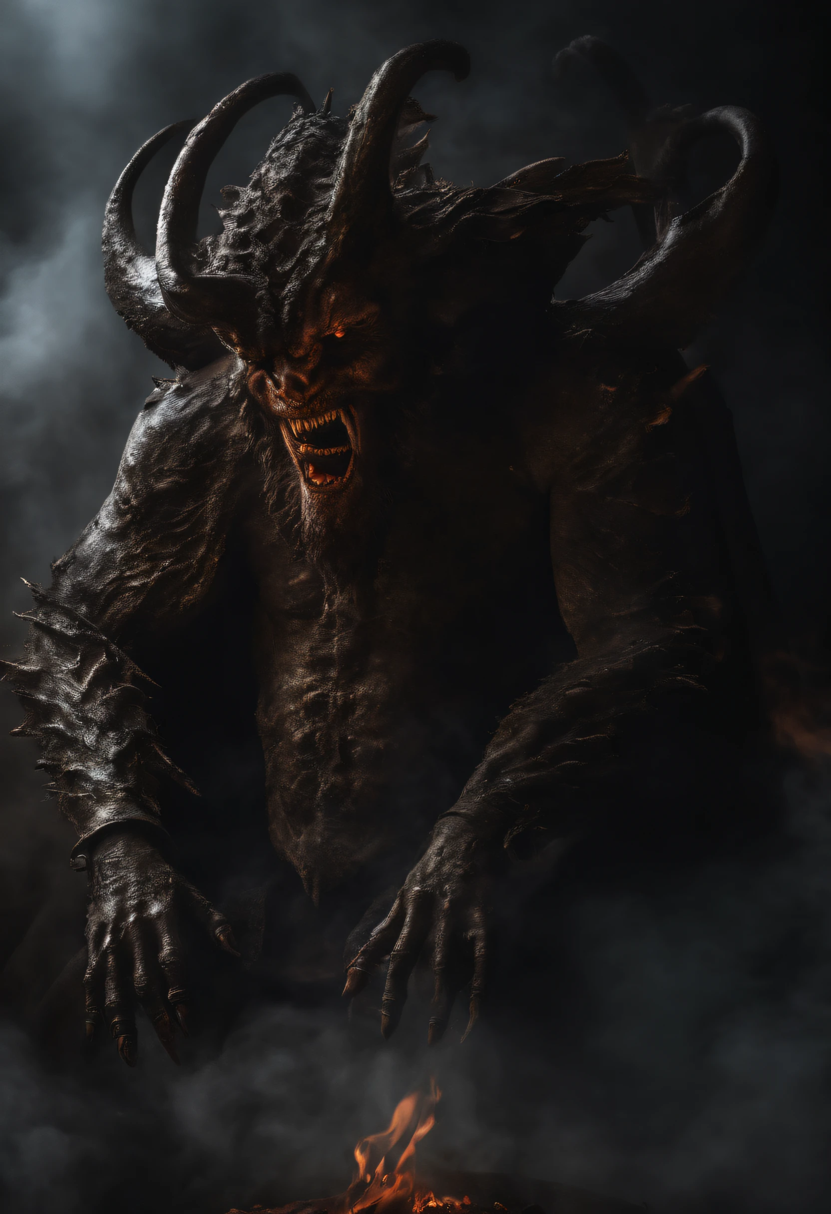 Lucifer in his scariest form being in a sinister inferno of fire with his mouth open spewing up fire maggots, with their eyes and ears throwing flames