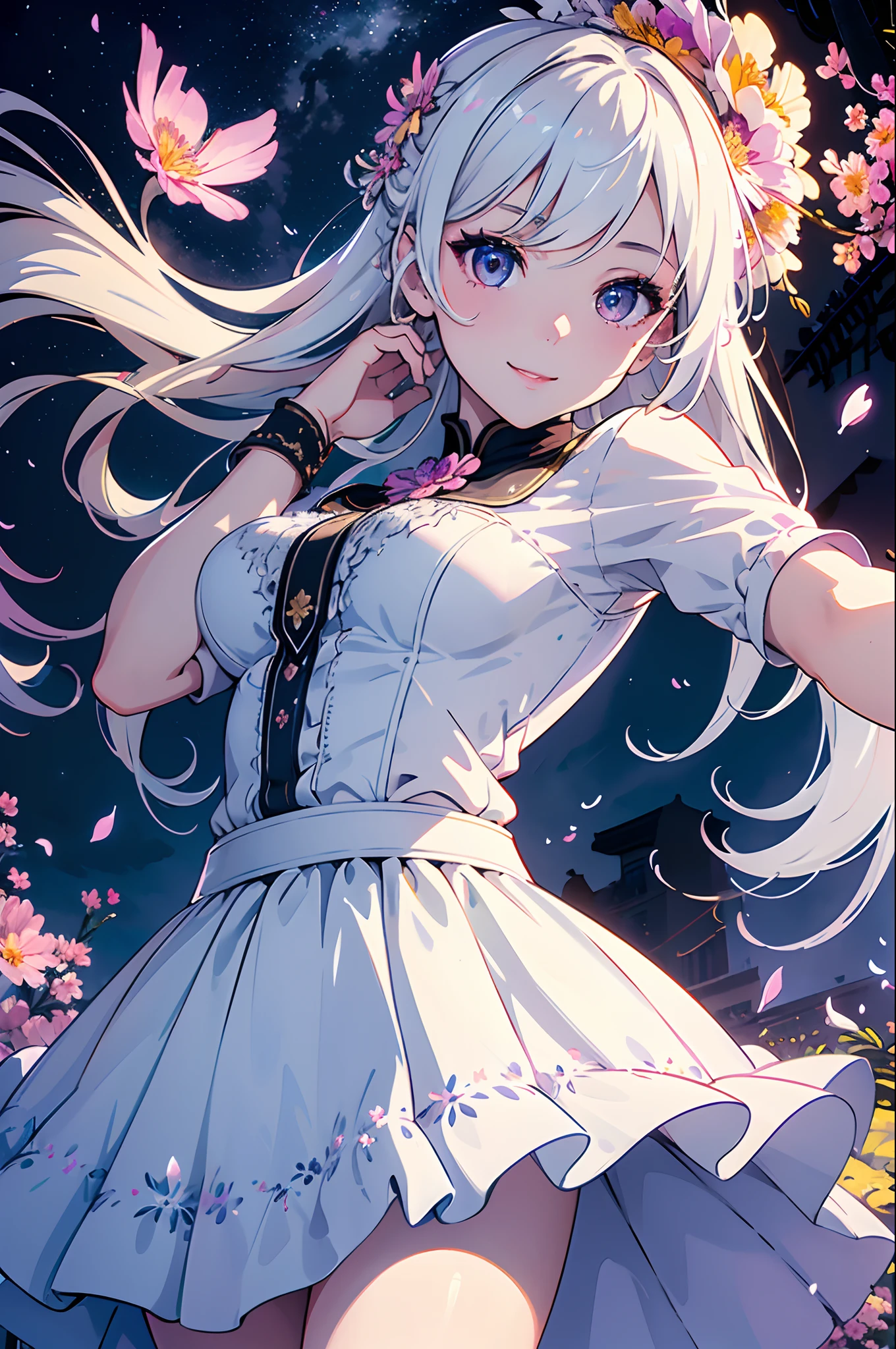 masterpiece, best quality,
1girl, (colorful),(finely detailed beautiful eyes and detailed face),cinematic lighting,bust shot,extremely detailed CG unity 8k wallpaper,white hair,solo,smile,intricate skirt,((flying petal)),(Flowery meadow)
sky, cloudy_sky, building, moonlight, moon, night, (dark theme:1.3), light, fantasy,