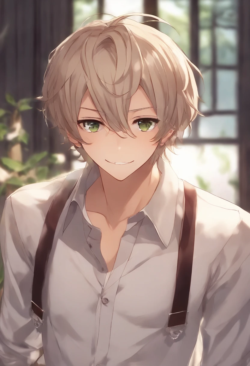 anime com cabelo loiro longo e gravata cor de vinho em uma camisa branca, visual anime de um meninoo, menino anime com cabelo longo, sorriso alegre, visual anime de um jovem de 17 anos, extremameito rosto de menino anime, anime melhoto, sorriso astuto
