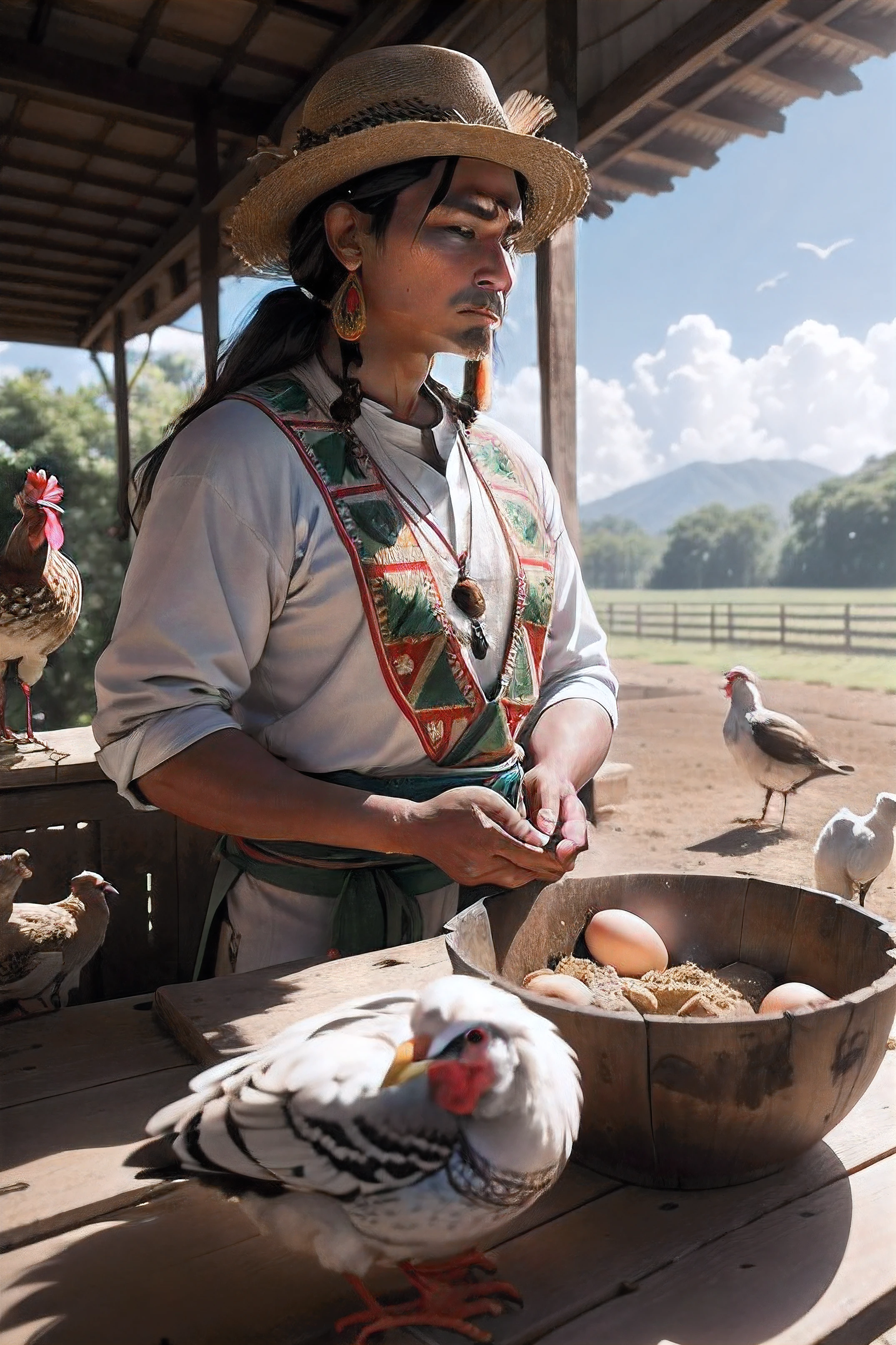 "Create an image that depicts a modern poultry farm, where an indigenous man, Dressed in traditional indigenous costumes, esteja presente como um trabalhador ou supervisor. The scene should show the indigenous in a poultry environment, com galinheiros, birds and equipment related to poultry farming.
The indigenous must be involved in activities that demonstrate their integration with poultry operations, how to feed and care for birds, monitoring of egg production or any other related task. Their presence should highlight the harmony between modern birding practices and indigenous culture, representada por suas roupas tradicionais.
The scene should convey a message of respect for indigenous culture and its ability to adapt and integrate with modern practices, while preserving their traditions. It should be a positive representation of the intersection between indigenous culture and poultry activity, celebrando a diversidade cultural e a harmonia com o ambiente."