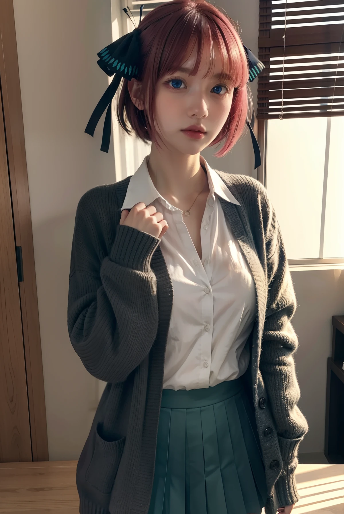 ninonakano, nino nakano, short hair, bangs, blue eyes, hair ornament, hair ribbon, pink hair, blunt bangs, two side up, butterfly hair ornament,
BREAK skirt, shirt, long sleeves, white shirt, pleated skirt, open clothes, collared shirt, sleeves past wrists, dress shirt, cardigan, green skirt, open cardigan, black cardigan,,
BREAK indoors, classroom, school,
BREAK looking at viewer, BREAK (masterpiece:1.2), best quality, high resolution, unity 8k wallpaper, (illustration:0.8), (beautiful detailed eyes:1.6), extremely detailed face, perfect lighting, extremely detailed CG, (perfect hands, perfect anatomy),