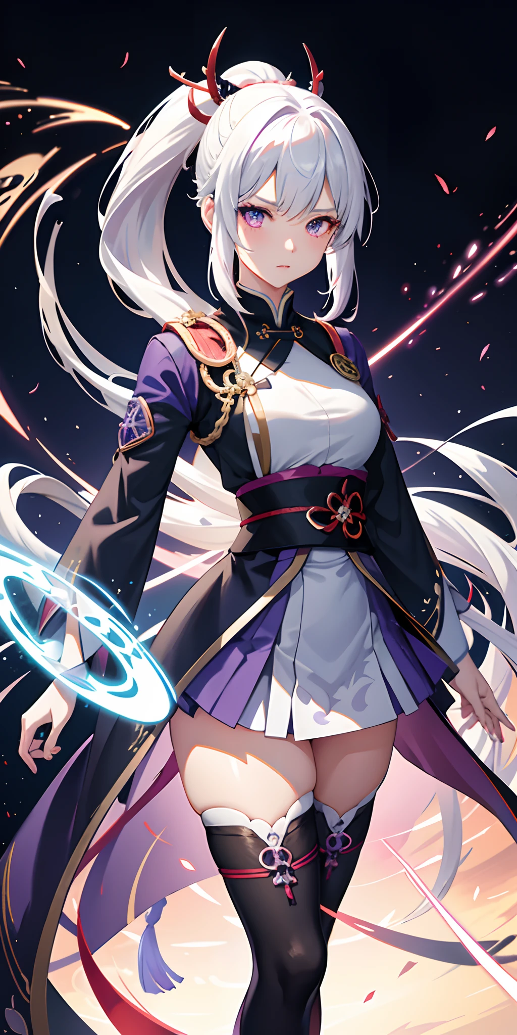 1girl, japanese clothes, ponytail ,white hair, purple eyes, magic circle, blue fire, blue flames, wallpaper, landscape, blood, blood splatter, depth of field, night, light particles, light rays, sidelighting, thighs, fate \(series\), genshin impact, ****, open jacket, skirt, thighhighs, cloud