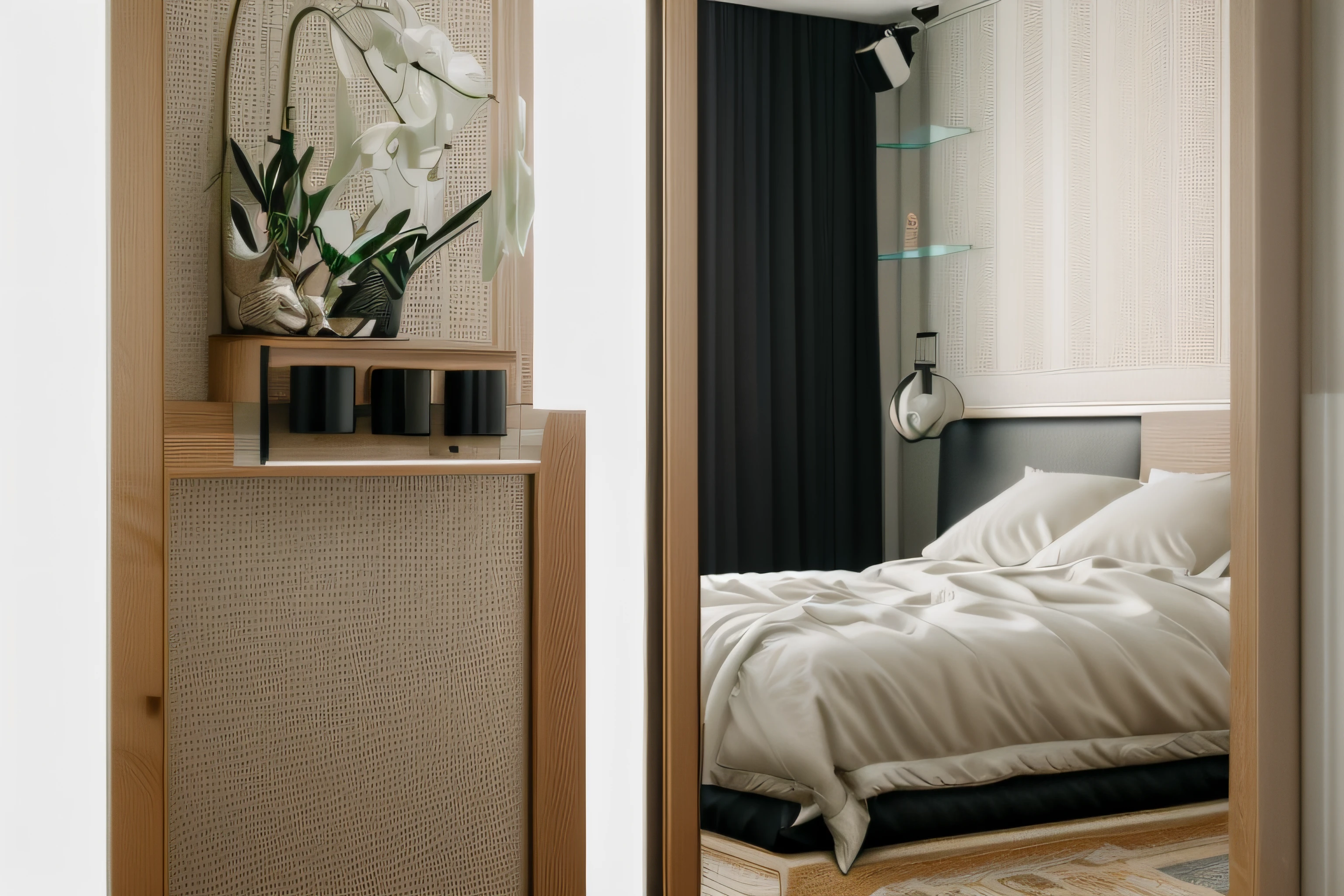 RAW photo, Masterpiece, high quality, best quality, authentic, super detailed, glossy indochina black furniture), minimalist architecture, minimalist bedroom, couch, table, carpet, shelf tv, 1 solid wood door:1.4,((laminated plaster,))), day light)), natural light fromt glass door, archdaily architecture, (high detail: 1.2), 8k uhd, dslr, soft light, high quality, film grain, Fujifilm XT3