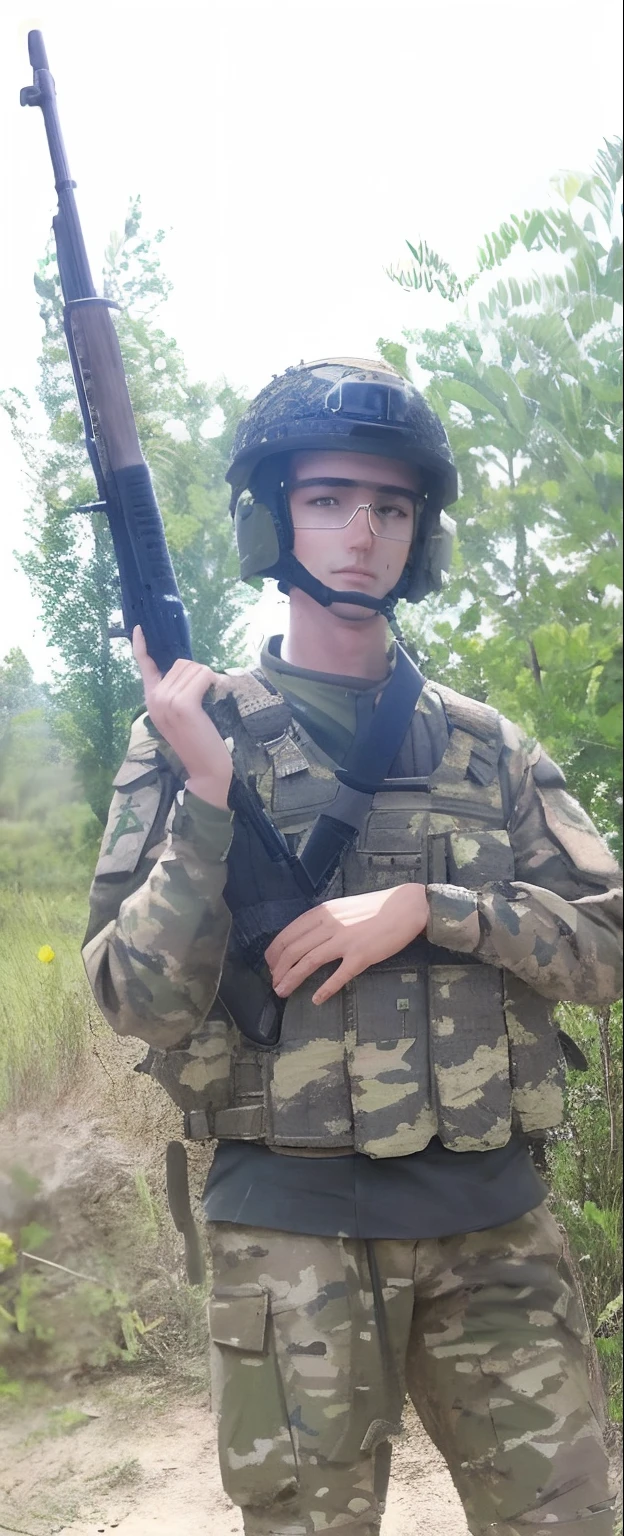 arafed soldier with a rifle and helmet standing in a field, in military uniform ukraine