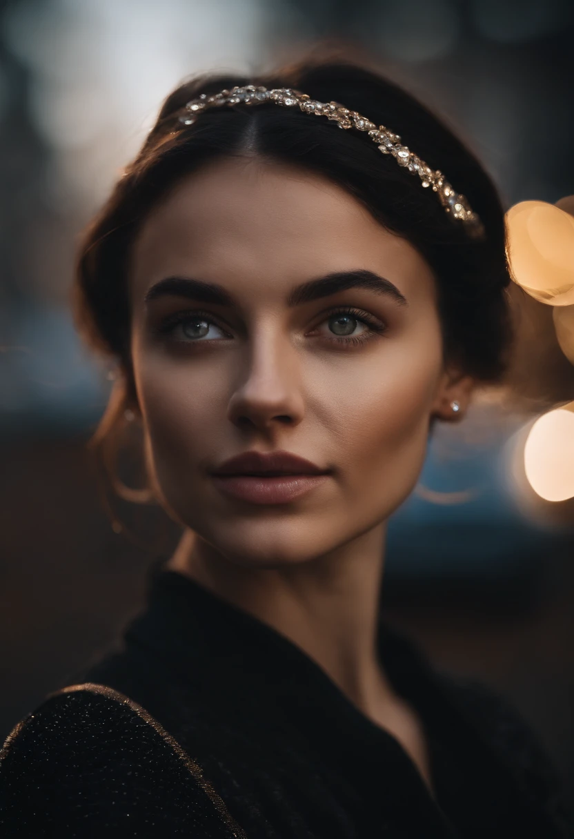 Young Caucasian woman, black hair, short ponytail, hairband, glowing eyes, sparkling eyes, shy, light smile, parted lips, Surrealism, glowing light, Nikon, 8k, super detail, best quality, Side camera angle, Looking away from camera, trying to hide her face