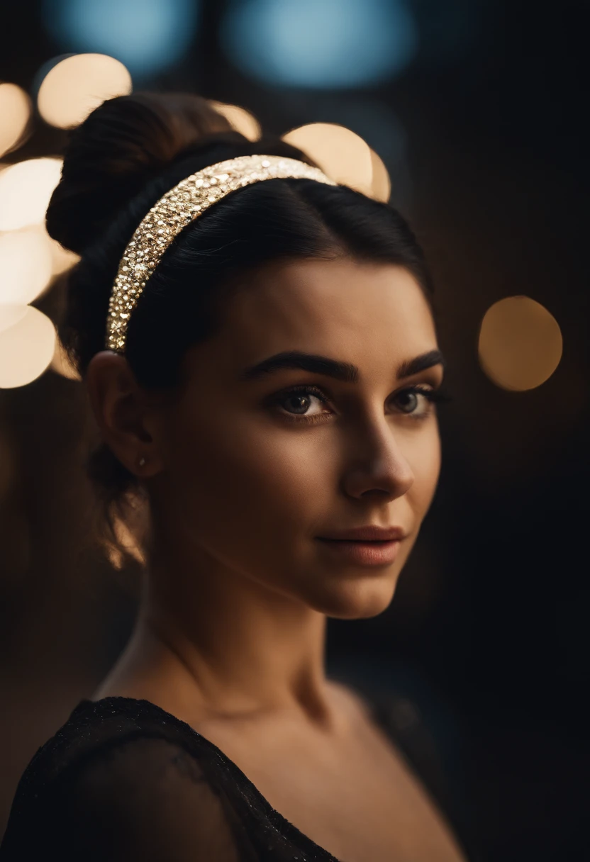 Young Caucasian woman, black hair, short ponytail, hairband, glowing eyes, sparkling eyes, shy, light smile, parted lips, Surrealism, glowing light, Nikon, 8k, super detail, best quality, Side camera angle, Looking away from camera, trying to hide her face