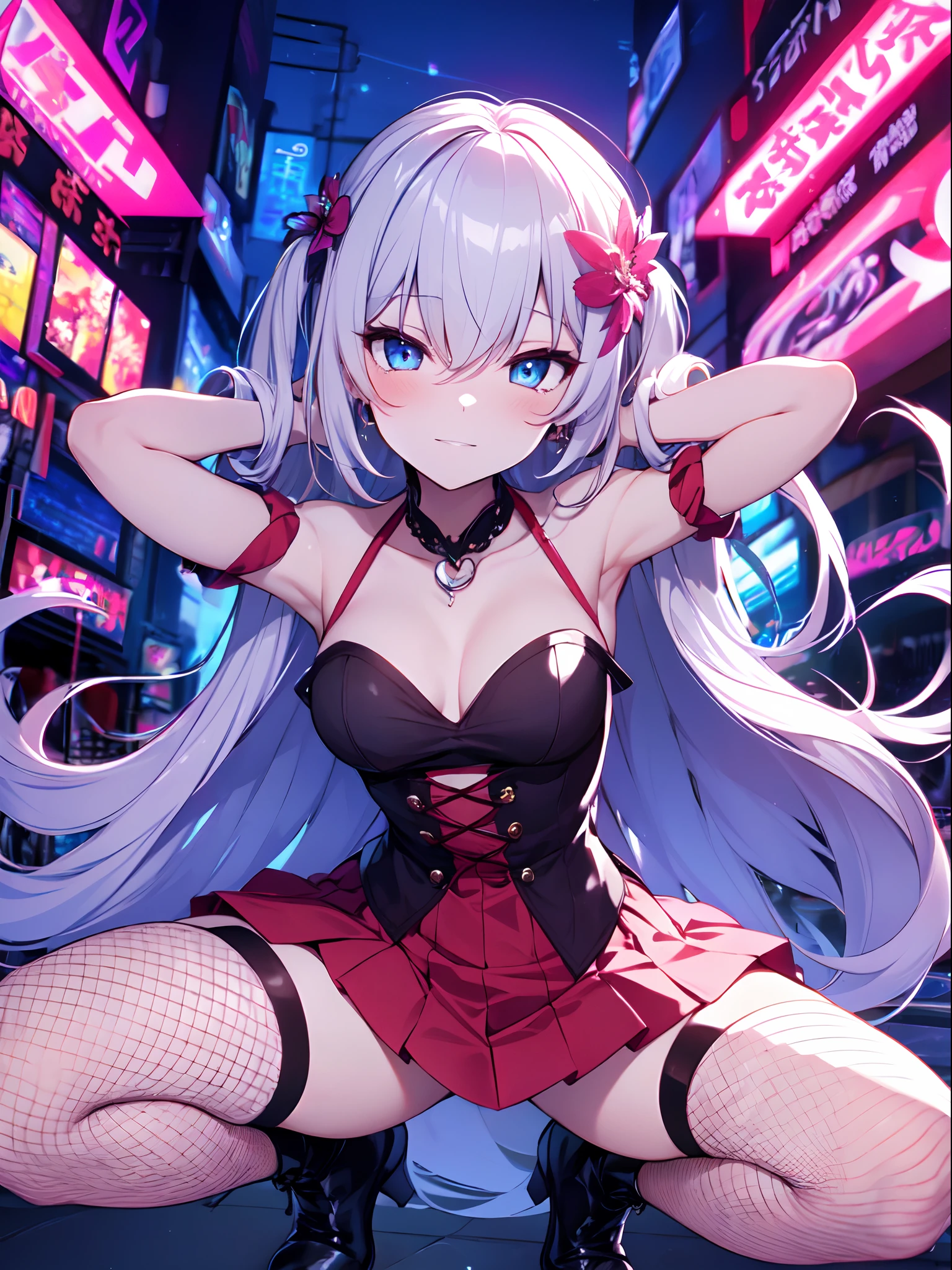 ((masterpiece)), ((Best Quality)), anime style, 1girl, solo, The most detailed skin, Off-shoulder top, short pleated skirt, lace garter belt, fishnet tights, ankle boots, simple silver necklace, silver bangle on the wrist, //, Stunned expression, Girl with troubled face, Ecstasy, (sexual expression), smile, blush, Red face, //, large breasts, voluptuous body, //, Short cut, hair, pink and white ombre hair color, (beautiful eyes), white skin, //, City intersection, neon lights with night sky, (thick lines:1.2)