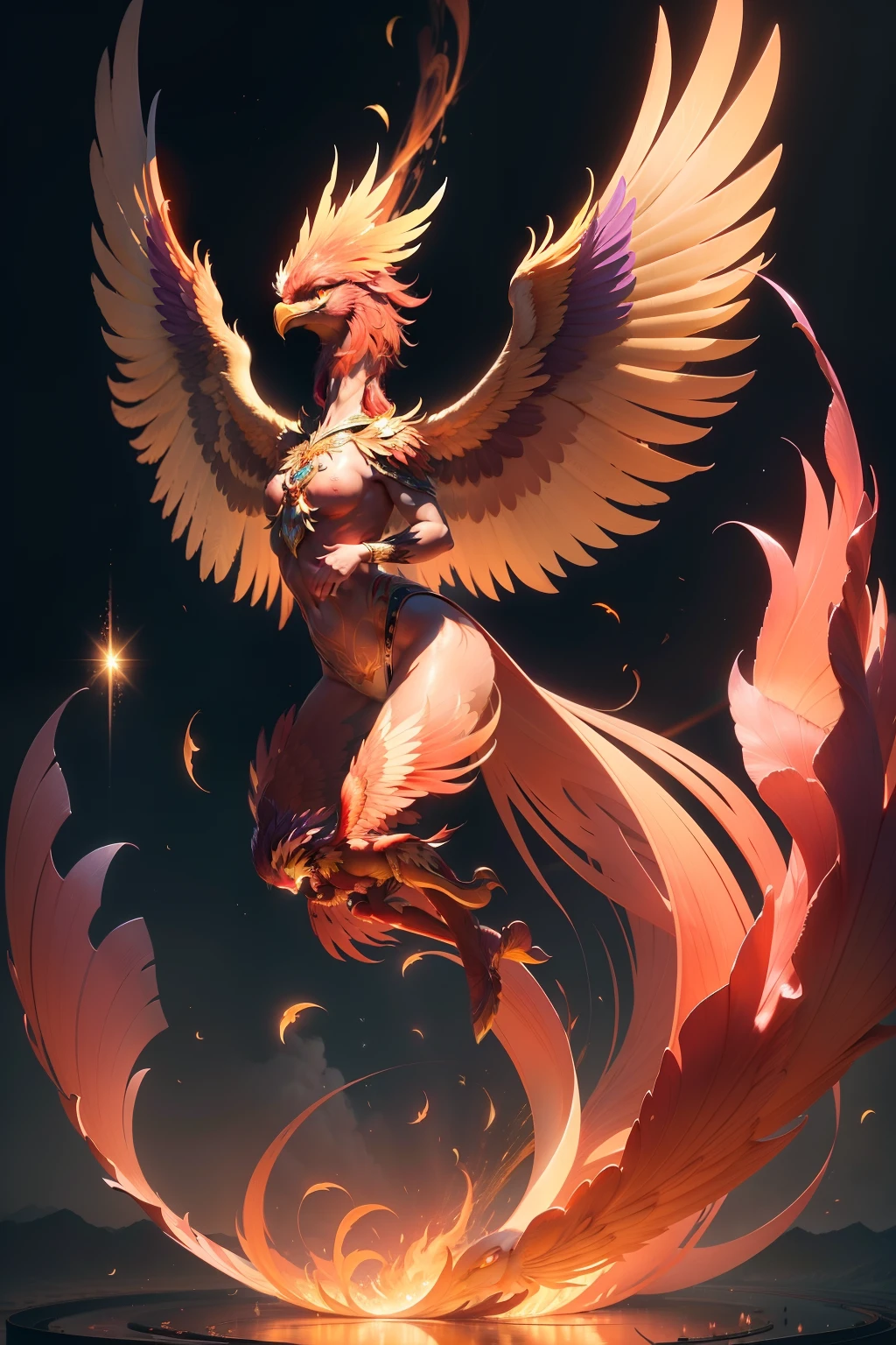 The phoenix pose shows unparalleled elegance and opulence in appearance,Breathtakingly beautiful。It is tall and elegant,The wings are spread wide and gorgeous。The plumage is bright red、de cor laranja、Yellow、Composed of purple and other colors,Exudes a mesmerizing glow。Every feather is like a work of art,Delicate and smooth,Colors that shine in the sun。
The phoenix pose has a jewel-like red crown embedded in its head,Shine brightly。Its eyes are crystal clear,Like two bright gemstones,Exudes wisdom and mystery。The pointed mouth is curved,Exudes nobility。
The environment around the phoenix posing is also a magnificent picture。Surrounded by a fantastic wonderland,It is full of peace and harmony。The rainbow bends in the sky,Waterfalls cascade down,Exudes a fresh floral scent。It is surrounded by lush forests,Towering trees stand there like giants。
The phoenix poses to spread its wings and fly,Fly in such a beautiful environment,Light and free。Its flight stance is elegant and sturdy,Every flutter of wings brings beautiful music,It was as if the whole world was dancing for it。
The whole scene not only shows the details of the appearance of the phoenix pose,It also interprets the magnificent environment in which it is located,It's intoxicating。