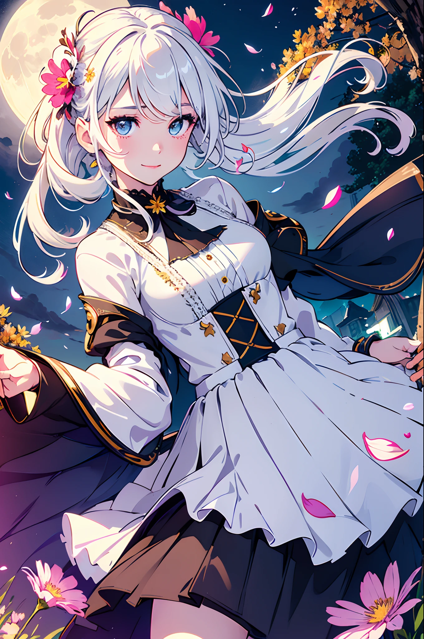 masterpiece, best quality,
1girl, (colorful),(finely detailed beautiful eyes and detailed face),cinematic lighting,bust shot,extremely detailed CG unity 8k wallpaper,white hair,solo,smile,intricate skirt,((flying petal)),(Flowery meadow)
sky, cloudy_sky, building, moonlight, moon, night, (dark theme:1.3), light, fantasy,