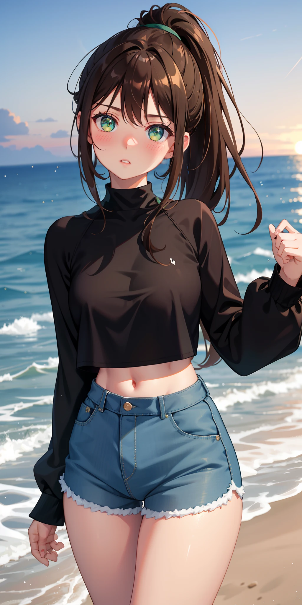 real, 1girl, brown hair, ponytail, green eyes, glowing eyes, black crop top, long sleeves, blue shorts, parted lips, blush, glowing night sky, seaside, medium breast