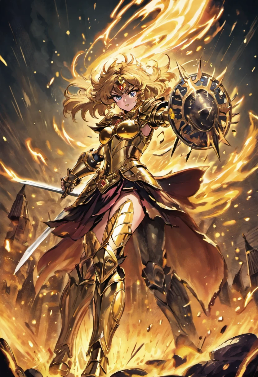 illustration from the "Saint Seiya" universe. The scene features a female Knight of the Zodiac, specifically representing the Virgo She is wearing her Cloth, which is colored in shades of Gold and Black and is designed in a style that reflects her Zodiac sign. The background is a dramatic battlefield or a significant location from the series. The style is hyper-realistic, capturing each detail of the Knight and her Cloth with precision. This illustration is intended for a card game, so it should be dynamic and engaging, capturing the essence of the character and her Zodiac sign.