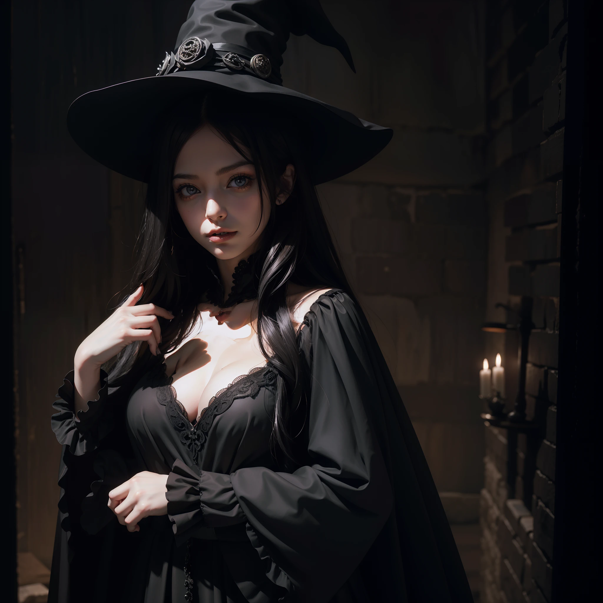 Chiaroscuro, masutepiece, Super Detail, High quality, awardwinning, 8K, girl, Solo, beautiful witch, Black Mysterious Costume, black robes, Black skirt, Black Witch's Hat, Portrait Style, In the basement of a dark old castle, Gothic interior, Spider Web Spread, Dark lighting, depth of fields, (Dark background:1.4), In a fantastic light, Spooky night, tempting look, detailed fingers