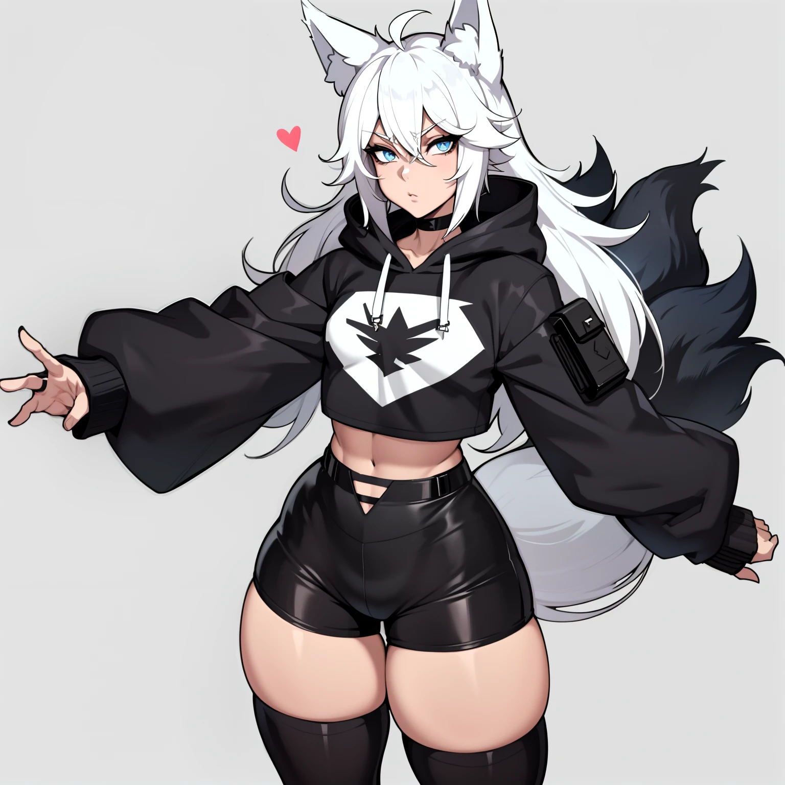 Single boy, Anime Femboy, Short, Long white hair, wolf ears, wolf tail, blue eyes, wearing short shorts, thigh high socks, black combat boots, wearing cropped black hoodie, flat chest, super flat chest, solo femboy, only one femboy ((FLAT CHEST)), wide hips, thicc thighs