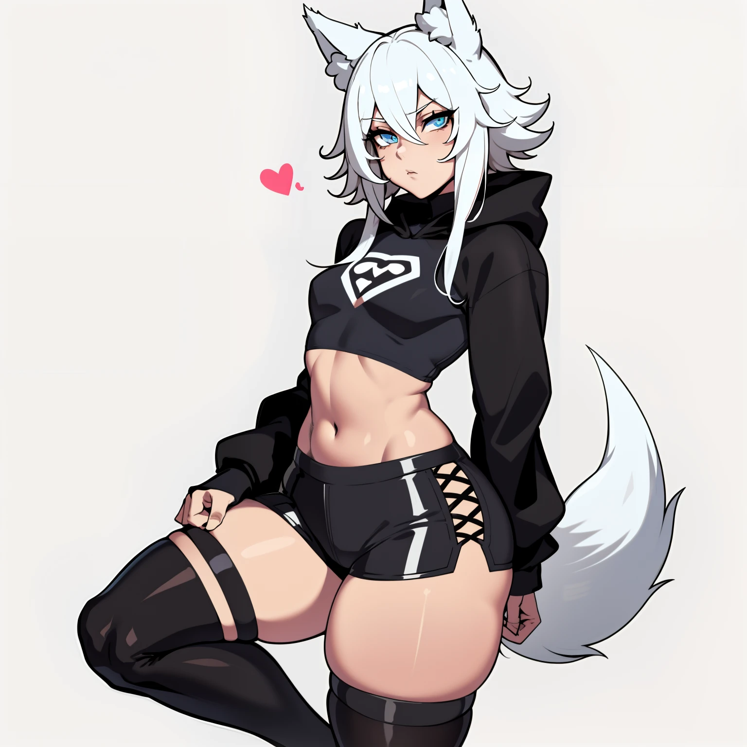 Single boy, Anime Femboy, Short, Long white hair, wolf ears, wolf tail, blue eyes, wearing short shorts, thigh high socks, black combat boots, wearing cropped black hoodie, flat chest, super flat chest, solo femboy, only one femboy ((FLAT CHEST)), wide hips, thicc thighs