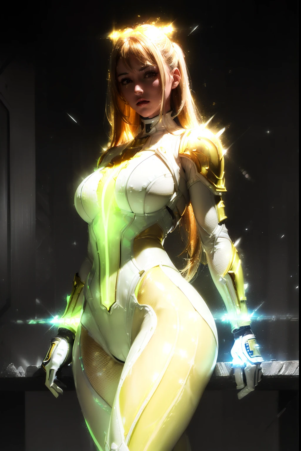 (((in hyper realistic and detailed golden lines neon-lit sci-fi plugsuit white armor, aethereal aesthetic style))) beauty idoll, intricate perfect beauty face, detailed sharp eyes, hyper realistic and detailed hair, (((from face to the waist))), (((beauty shape))), masterpiece, 4k, UHD