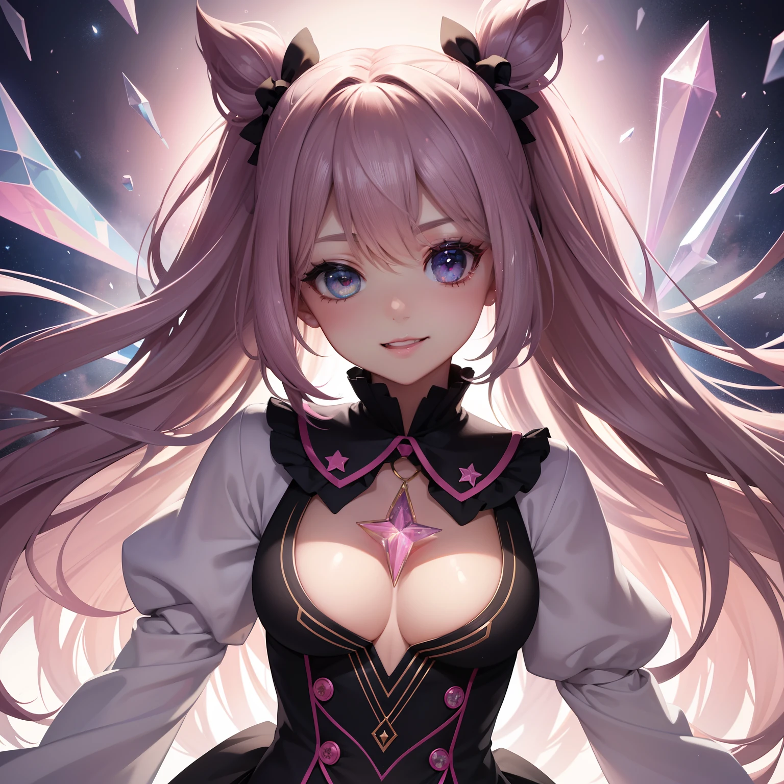 chest out, absurdres, superfine illustration,rainboweffect, highres, ultra detailed,light diffusion,highly detailed light reflection, kaleidoscope, harmonious, best shadow, highly detailed very beautiful big smile face, ;D, beautiful growing crystal diamond star pupil,look at viewer, beautiful detailed hair, solo, dynamic pose, beautiful detailed pink and black ribon, beautiful detailed High school uniform, Fantastic and the whole shines and shooting star and the wind is strong in detail background