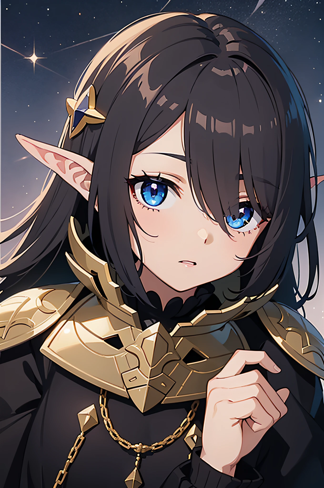 anime screen cap、（Dark skin）、Hair over one eye:1.5、One eye is hidden by hair、very asymmetrical bangs、A dark-haired、elvish、the eye of the universe、a sorceress、constellation