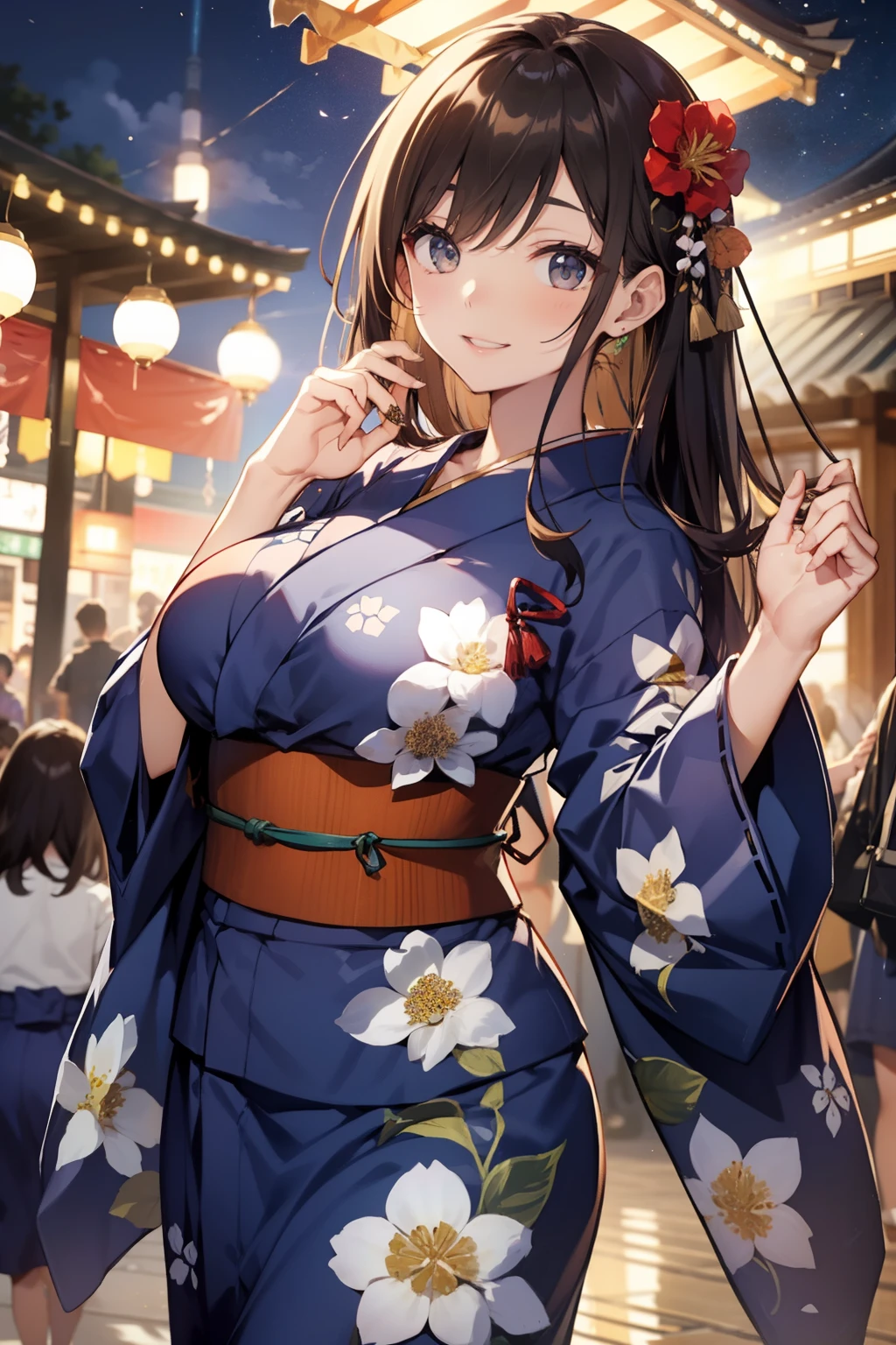 最high quality、Best image quality、masterpiece、With a girl((cute、20-year-old、Best Bust、Medium Bust、Beautiful Blue Eyes、Spread your chest wide,Black Hair、ponytail、Disheveled Hair、thin、Highest Valley、Red yukata、smile、Beer を持つ、Drunk))high quality、Beautiful art、background((night、festival、stall、Fireworks、Beer )),Tabletop、Exquisite design、Visual Arts、Written boundary depth、Best lighting、Highest detail、8k