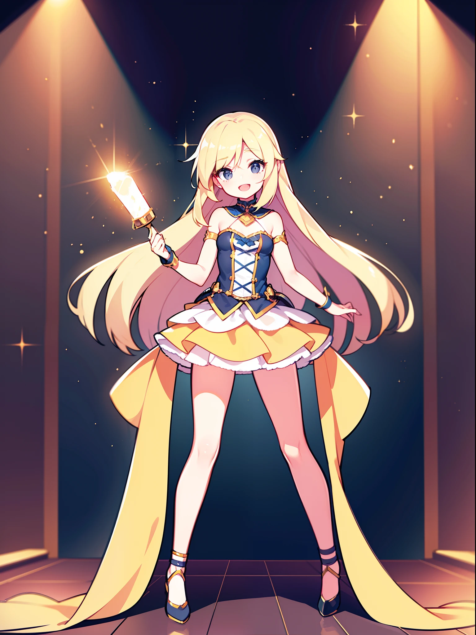 Modest, Shy, Cute, smart, blonde 17 years old,  straight long hair to the middle of the back; Nice friendly look, large grey eyes, long eyelashes;  shapely body, Almost flat chest; narrow hips; actress, on the stage, Comedy, farce, humorous monologue, inspiration, happiness, Pathos, Impulse for the audience, looks into the hall, Reaching out to the audience,  Excited; Sparkle in the eyes, joyful face; full body photographed; high quality textures, higly detailed