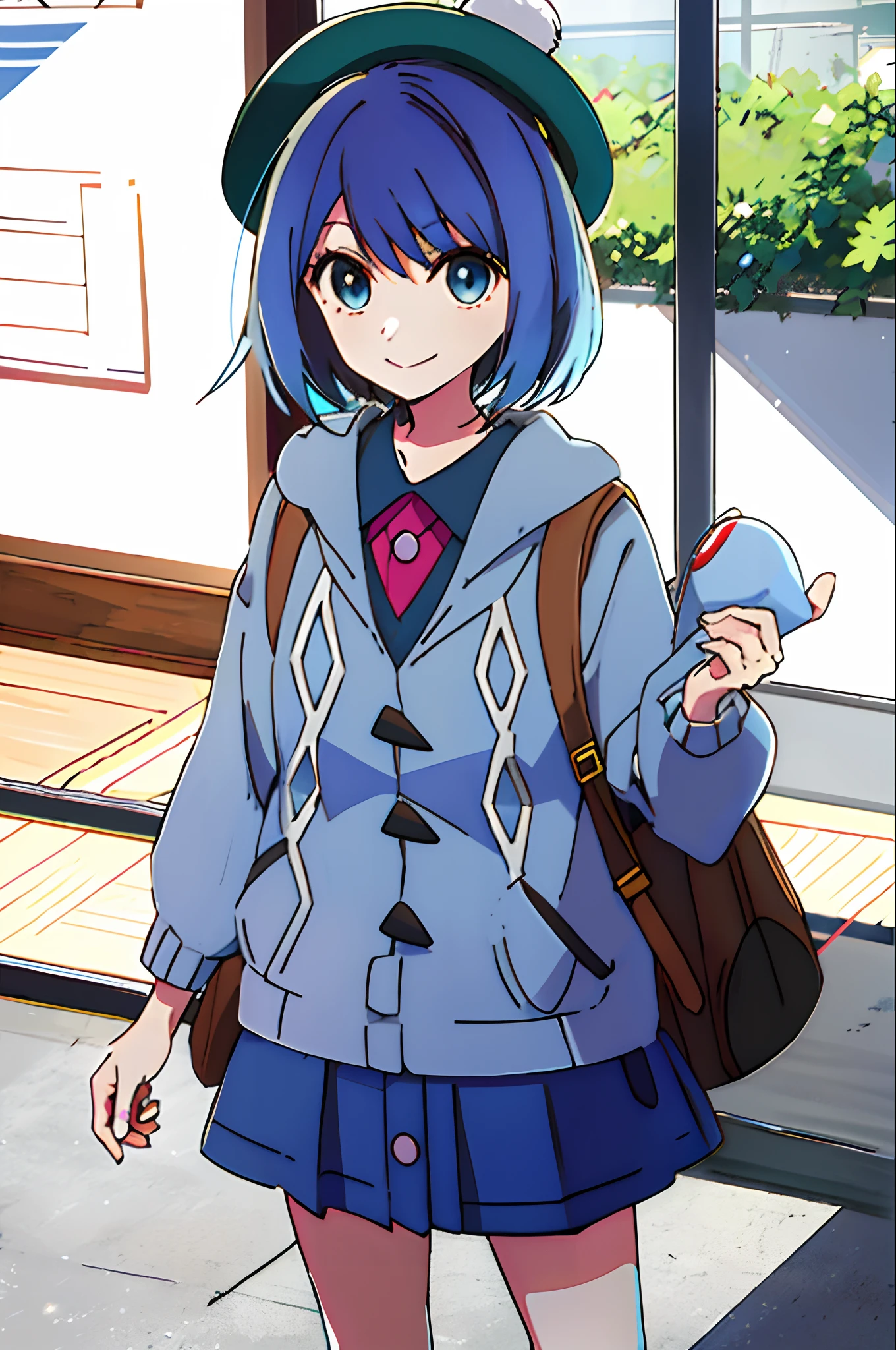 masutepiece, Best Quality, hight resolution, Gloria 1, 1girl in, gloria \(A pokémon\), Blue hair, Solo, backpack, Blue eyes, tam o' shanter, grey cardigan, Pink dress, Short hair, Green Socks, sox, Brown Bag, bob cuts, Bangs, Long sleeves, Collared dress, Cowboy Shot, Standing, Smile, Holding a wooden pin, Star-shaped eyes , star pupils, Akane