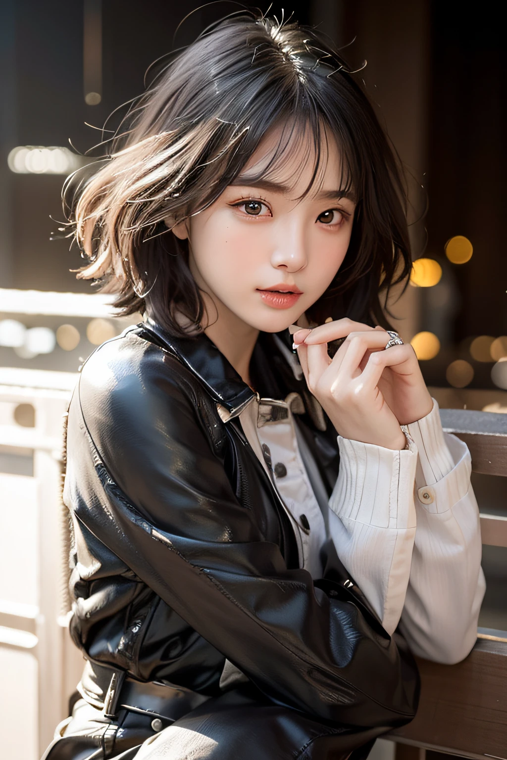 nudde、fullnude、NSFW、Generate images of seductive young woman in photorealistic style, Capture in 8K resolution, Similar to the exquisite beauty of Korean actress Park Kyu-young. She is now、In full nudity、It's NSFW looking.。. Her features are impressive, and Large, Expressive eyes, small mouth, and a straight nose that gives her a doll-like look. She has a short bob haircut with shiny black hair. The image should highlight the details of her delicate face. The background is rough々Right, White-dominated architectural environment. Photo taken with DSLR camera, Eta、Lighting plays with extreme contrasts of light and shadow. She leans her arm against the railing, gazing into distance, Away from Camera, Create an air of mystery.