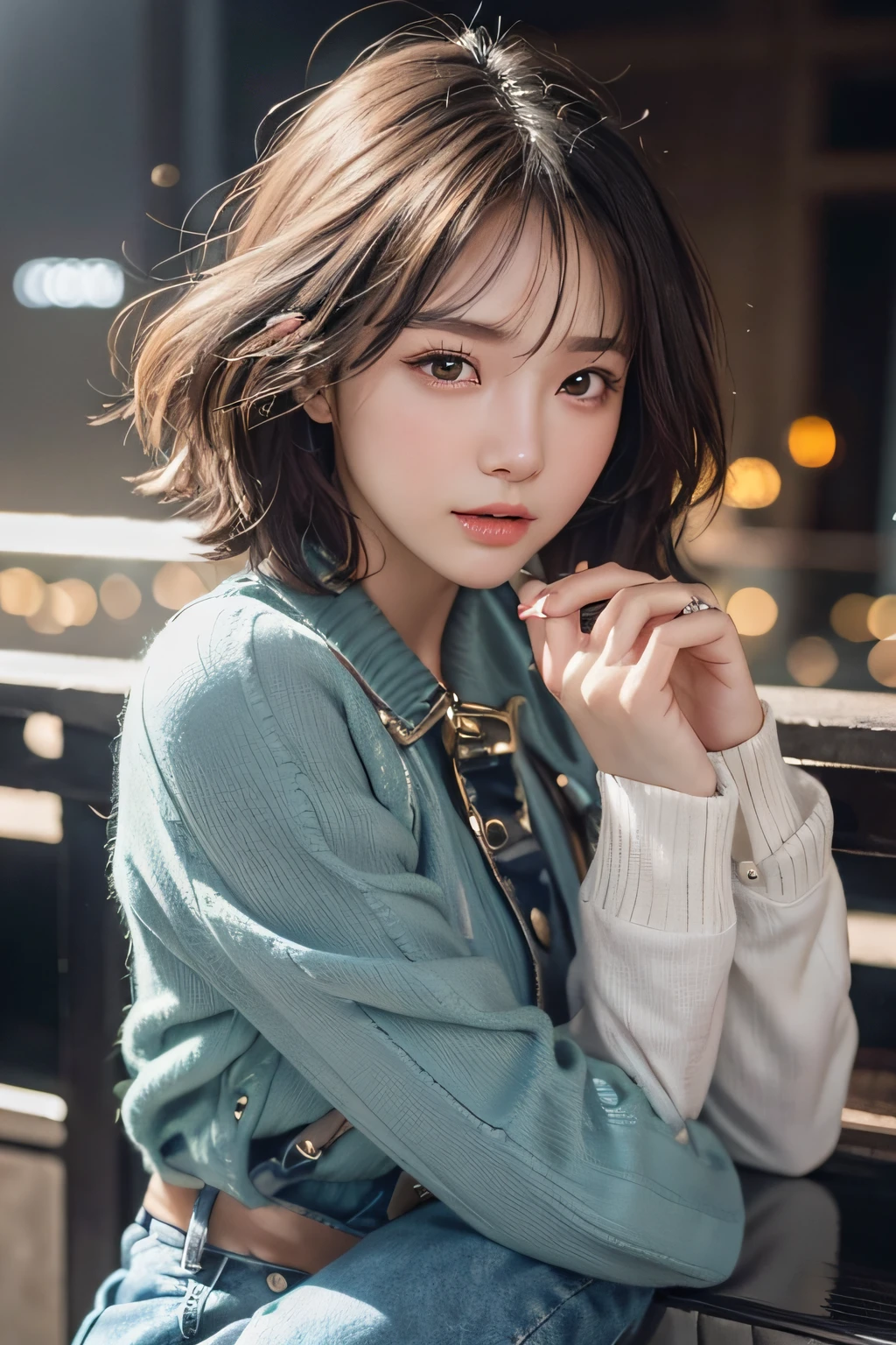 nudde、fullnude、NSFW、Generate images of seductive young woman in photorealistic style, Capture in 8K resolution, Similar to the exquisite beauty of Korean actress Park Kyu-young. She is now、Wearing stylish jeans and a long-sleeved white shirt.

Her features are impressive, and Large, Expressive eyes, small mouth, and a straight nose that gives her a doll-like look. She has a short bob haircut with shiny black hair. The image should highlight the details of her delicate face.

The background is rough々Right, White-dominated architectural environment. Photo taken with DSLR camera, Eta、Lighting plays with extreme contrasts of light and shadow. She leans her arm against the railing, gazing into distance, Away from Camera, Create an air of mystery.