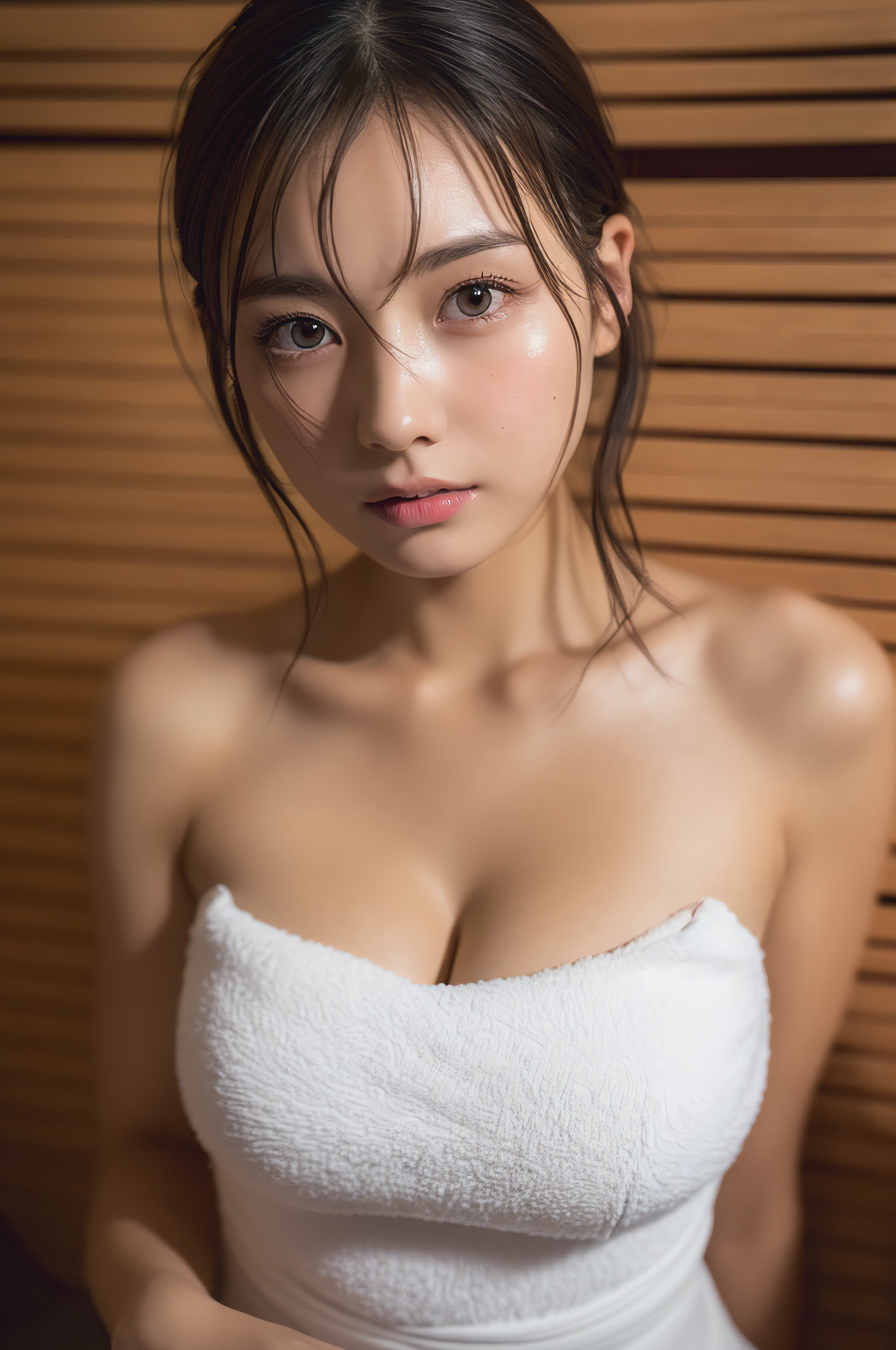 (16 K, Raw photo, Best Quality, hight resolution, absurderes), high-definition RAW color photography, professional photograpy, Papercut, (layered silhouettes:1.2), Complex pattern, delicate craftsmanship, shadow play, depth and dimension, Creative expression, (Realistic, Photorealsitic:1.37), (1 girl, japanaese girl), Toned, Cinematic Light, bloom, blazing, (finerly detailed face:1.2), (masterpiece:1.4), (realistic, photo-realism:1.4)
BREAK
((sauna, steam sauna)), ((naked bath towel:1.3, Wet body, steaming body, very humid, steam, fog, dampness)), (White Big Size Towel Dress Strapless:1.3), (ultra-delicate face, Super Beautiful Maid, Super delicate eyes, Ultra-detailed nose, Ultra detailed mouth, Ultra-detailed facial features),  (dark brown hair), sitting on, Fully realistic body, Bright lighting((enormous breasts, cleavage)), detailed background, detailed face, detailed eyes,, Detailed Eyes, Double Eyelids, Looking at the Camera
BREAK
Use a Sony Alpha 1 Mirrorless Camera with a Sony FE 24-105mm f/4 G OSS lens. Set the ISO sensitivity to 32,000 and the shutter speed to 1/125 second. --ar 16:9 --v 5.1 --style raw --q 2 --s 750