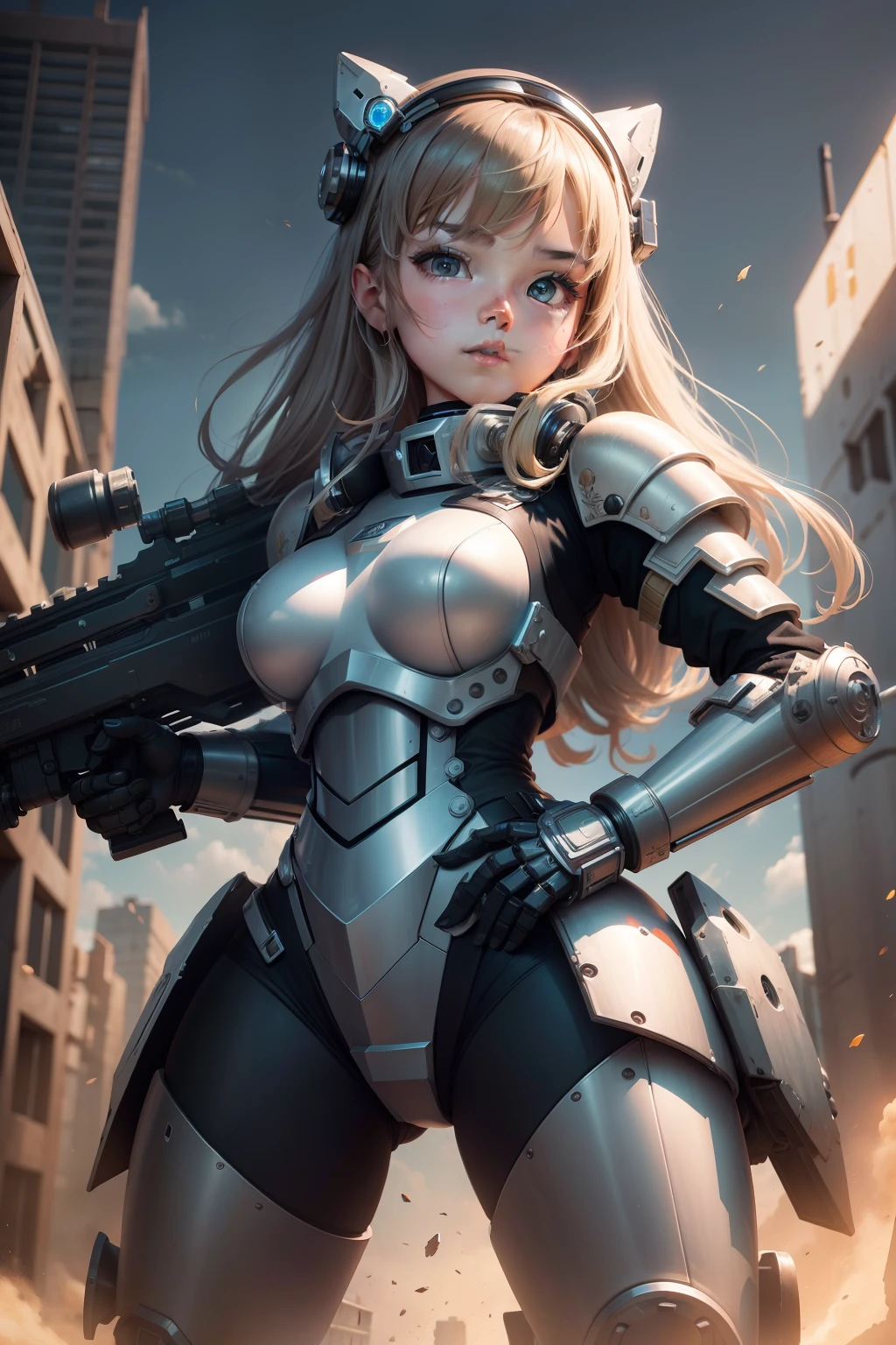 a cute young li raised a super big gun, in heavy complex robotic armor, dynamic pose, stance pose, masterpiece, perfect feminine face, best quality, ultra high res
