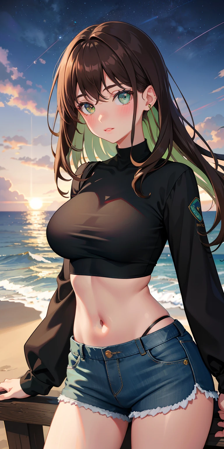 Real, 1girll, Brown hair, Green eyes, Glowing eyes, Black crop top, Long sleeves, Blue shorts, parted lip, Blush, A glorious night sky, Seaside, big breast