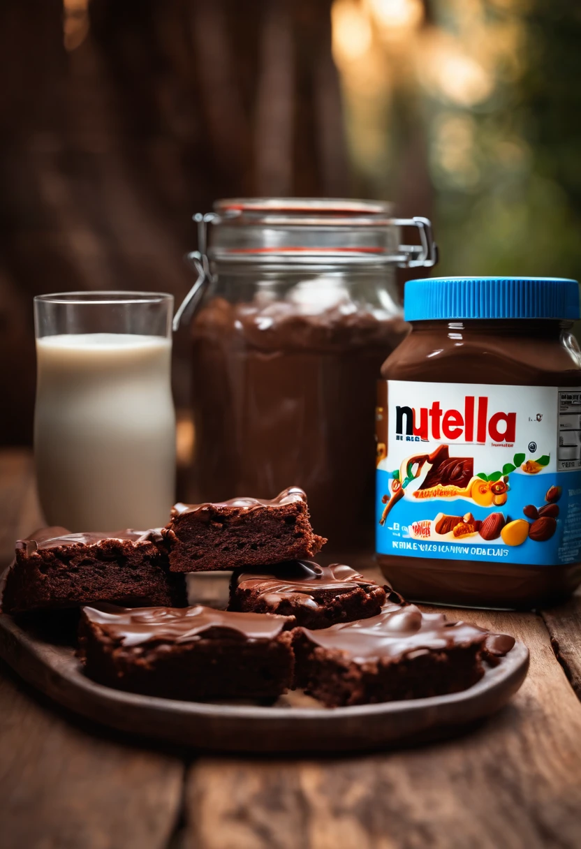 um brownie, a jar of nutella and a can of milk powder nest on top of a wooden table