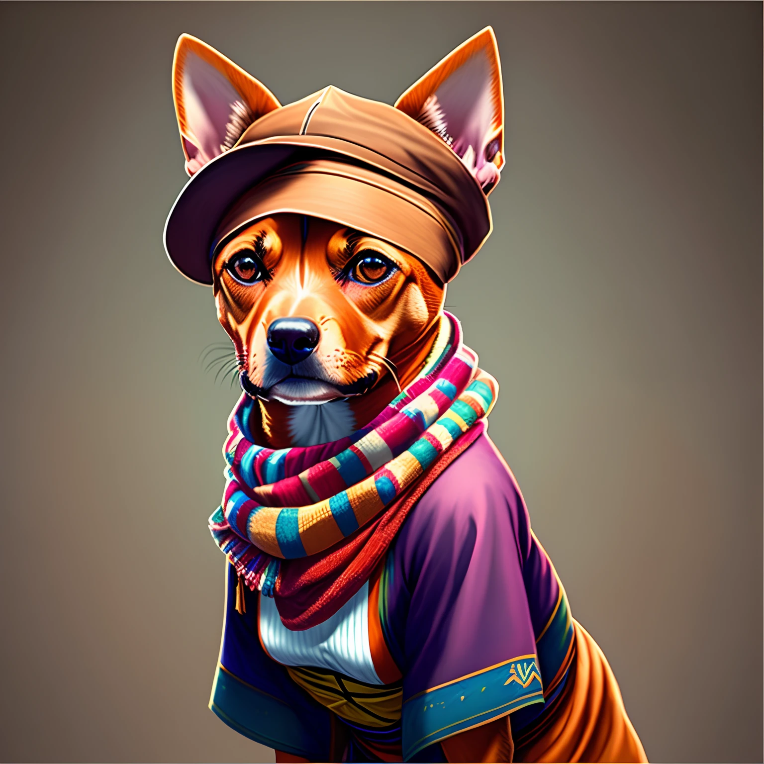 Image of a brave female Pinscher dog with hat and scarf, Art Station Trend, vestido com roupas punk feminina, hyper realistic detailed rendering, membro de gangue do brasil, Estilo urbano, Pose intimidadora, planeta dos gatos, roupas da moda, Samurai Urbano, miau, West Slavic traits, 8 1 5