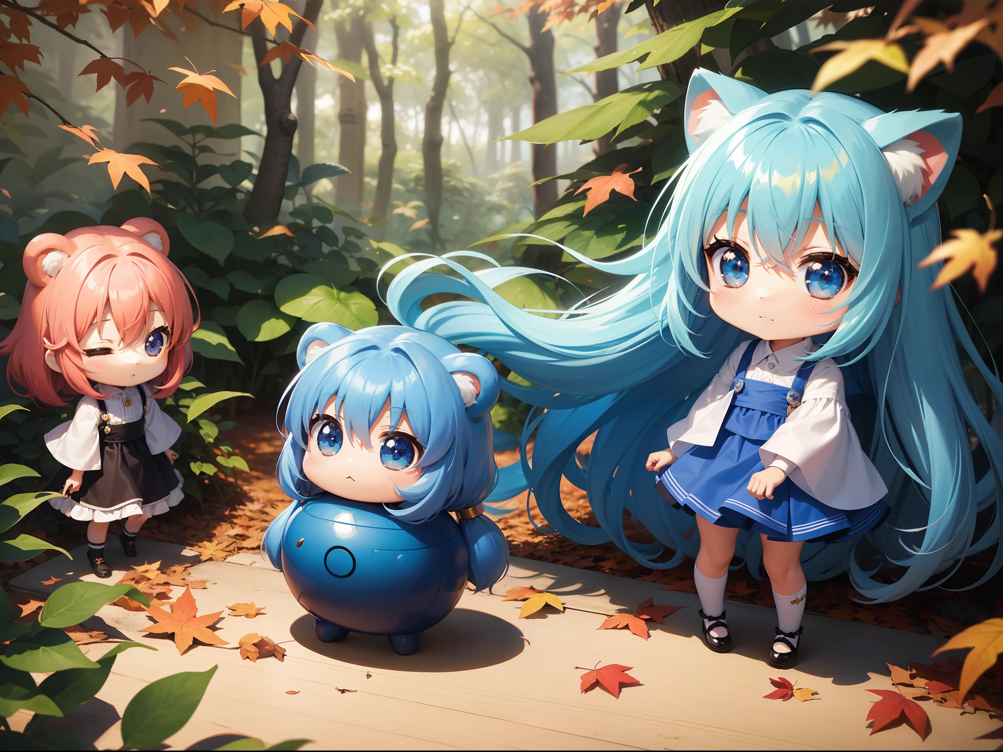 Chibichara long hair with blue hair((Chibi Chara))、Fluffy、girl with、Chibi Chara、full body Esbian、Pastel colors hair、masutepiece、top-quality、In the forest of autumn leaves、Cute bears are also with us。