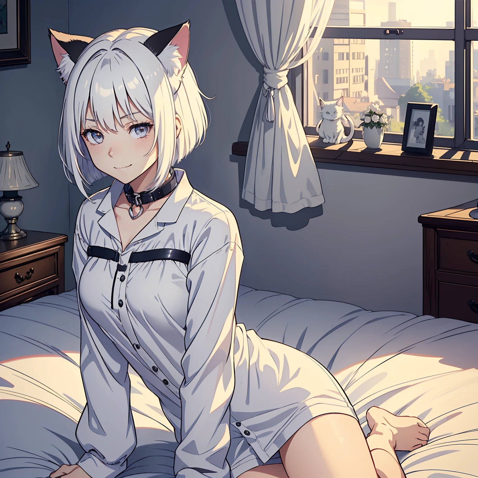 (best quality, 4k, 8k, high-res, masterpiece, ultra-detailed, anime style), (1girl, solo, cat ears, long bob, white hair, gray eyes, catgirl, calm emotionless face, playful smile, looking at viewer), (collar, white casual clothes), (cozy bedroom behind), cozy ambience around