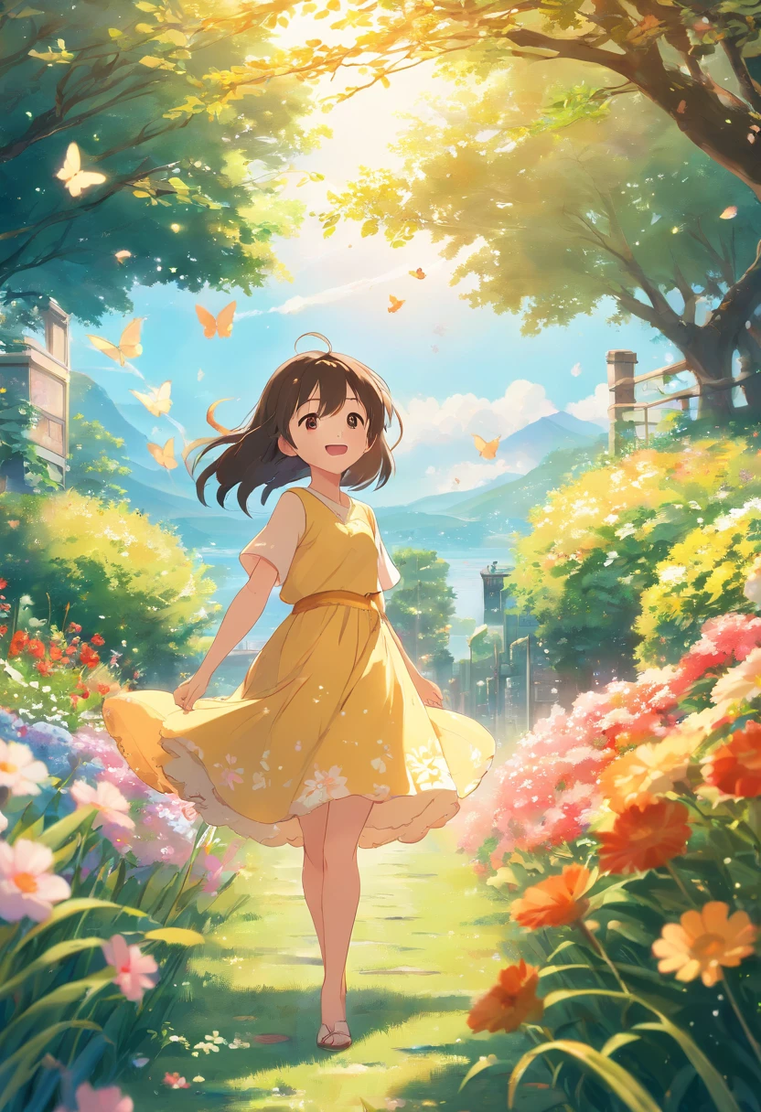 (best quality, highres, masterpiece:1.2), flowers covering the garden, joyful girl, vibrant colors, cute hamster, beautiful detailing, sunlight, soft shadows, realistic rendering, bokeh effects, fluttering butterflies, fresh green grass, colorful blossoms, smiling face, sparkling eyes, cute freckles, floral dress, playful attitude, lively atmosphere, gentle breeze, happiness in the air, picturesque scenery, warm and inviting, dreamlike ambiance, stunning composition, lifelike textures, intricate details, charming innocence, vibrant and lively colors, exquisite beauty, magical garden, enchanting charm, captivating moment, joyful exploration, heartwarming emotions, perfect harmony, delightful expressions, playful interactions, peaceful tranquility, magical encounters, whimsical atmosphere, memorable experience, treasured memories