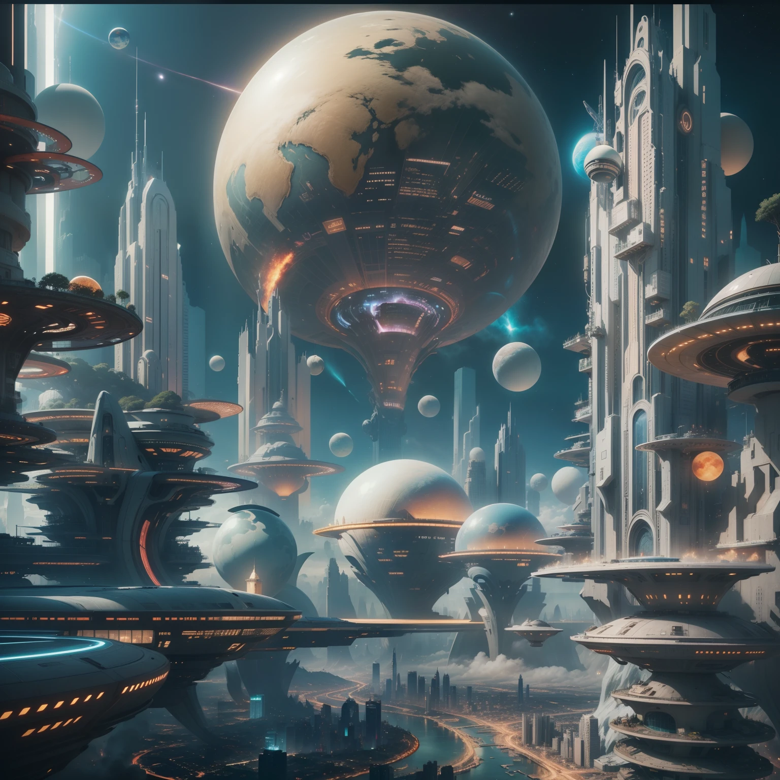 Space City、Futuristic cities、alien、floating in the universe、cyberpunked、skyscrapers line up、A space station、top-quality、masterpiece、24century、dream、utopian、planet earth、World of Dreams、Fantasia、𝓡𝓸𝓶𝓪𝓷𝓽𝓲𝓬、Beautiful city