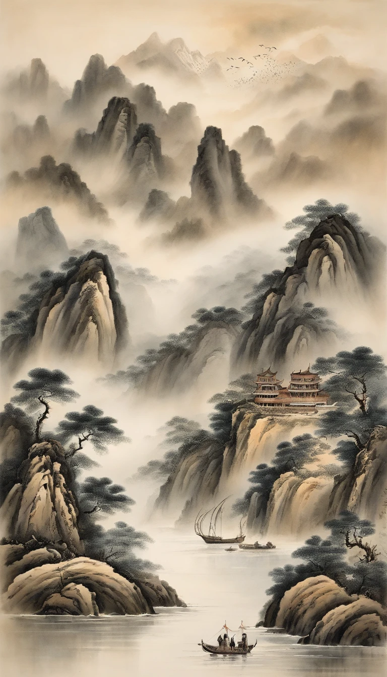 (Best quality,Ultra-detailed,A high resolution,Masterpiece:1.2),Chinese ink landscape painting,Beautiful landscape composition,masterful brushstrokes,Impressive ink,Wide-angle perspective,Breath-taking mountain views,Deep and majestic atmosphere,Beautiful depiction of a ship sailing through the mountains,Describe the vessel and its surroundings in detail,Traditional Chinese art,An expression of natural tranquility and harmony,Subtle tonal changes,Soft color palette,Soft and gentle atmosphere,Exhibited in prestigious exhibitions.