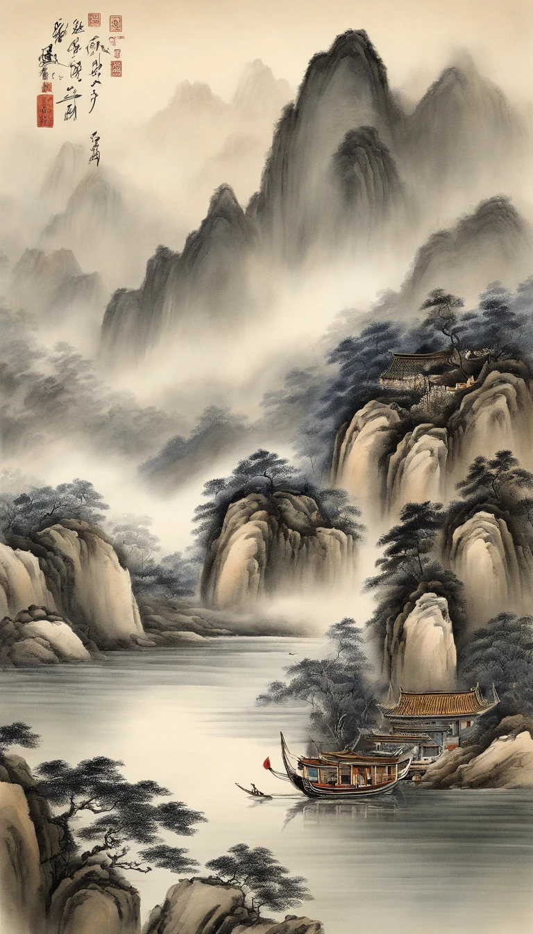 Best quality, ultra-fine details, high resolution, masterpiece:1.2, incorporating the beautiful landscape, impeccable strokes, impressive ink wash, employing wide-angle perspective, breathtaking mountain scenery, deep and majestic atmosphere, exquisitely depicting ships sailing amidst the mountains, detailed portrayal of the ship and its surrounding environment, traditional Chinese art, expressing natural serenity and harmony, subtle tonal changes, soft color palette, gentle and warm atmosphere, exhibited in a famous exhibition - A Chinese ink landscape painting with stunning composition and deep emotions captures the tranquility in the midst of towering mountains. The richly textured brushstrokes and tonal variation are exceptionally detailed, revealing the intricacy of the ship and the beauty of the surrounding landscape. The traditional Chinese art style creates a serene and harmonious atmosphere that immerses the viewer in a sense of natural wonder. This masterpiece is of the highest quality, with ultra-fine details and a high-resolution image, making it an impressive and breathtaking work of art that perfectly captures the essence of Chinese ink landscape painting.