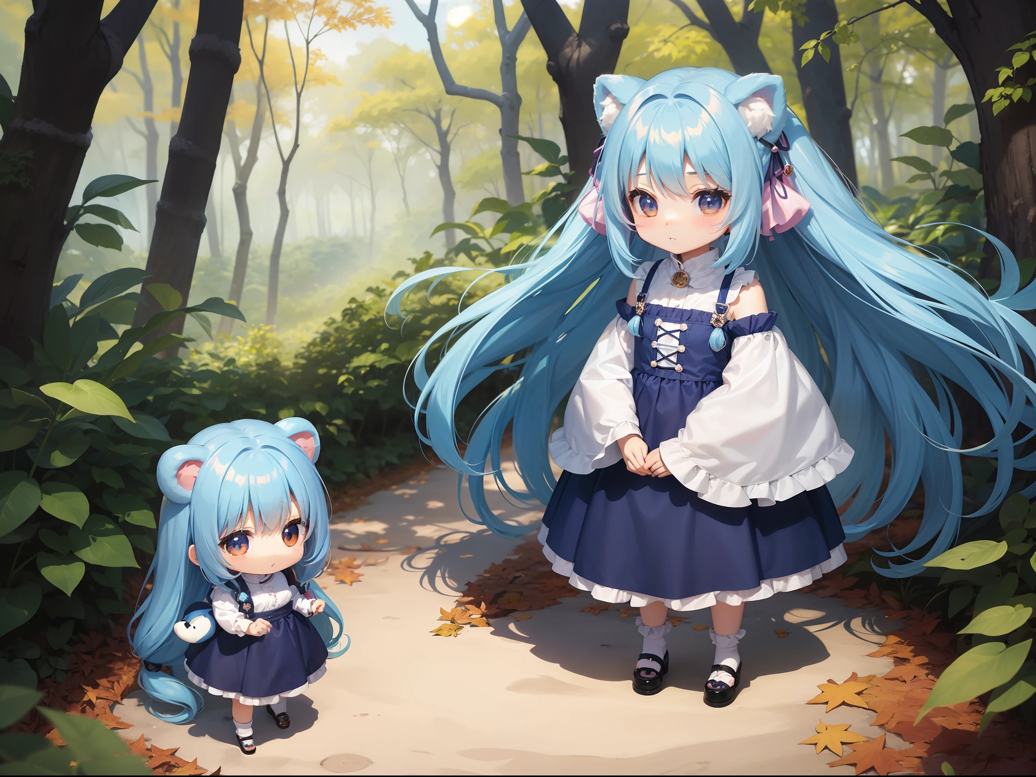 Chibichara long hair with blue hair((Chibi Chara))、Fluffy、girl with、Chibi Chara、full body Esbian、Pastel colors hair、masutepiece、top-quality、In the forest of autumn leaves、Cute bears are also with us。