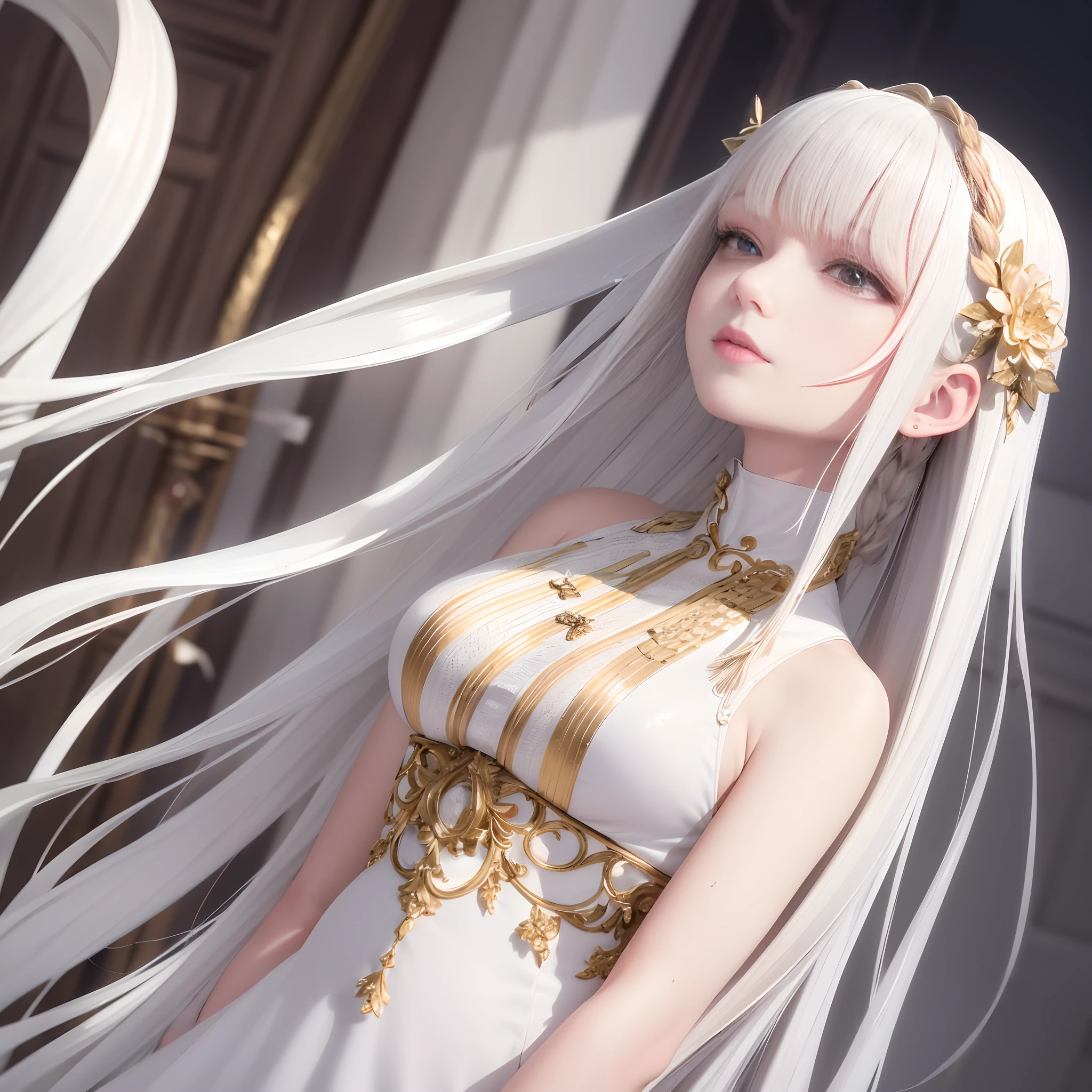 best quality, masterpiece,white hair, gold eyes,white clothes, looking up, upper body,hair strand,Fair skin,side braids