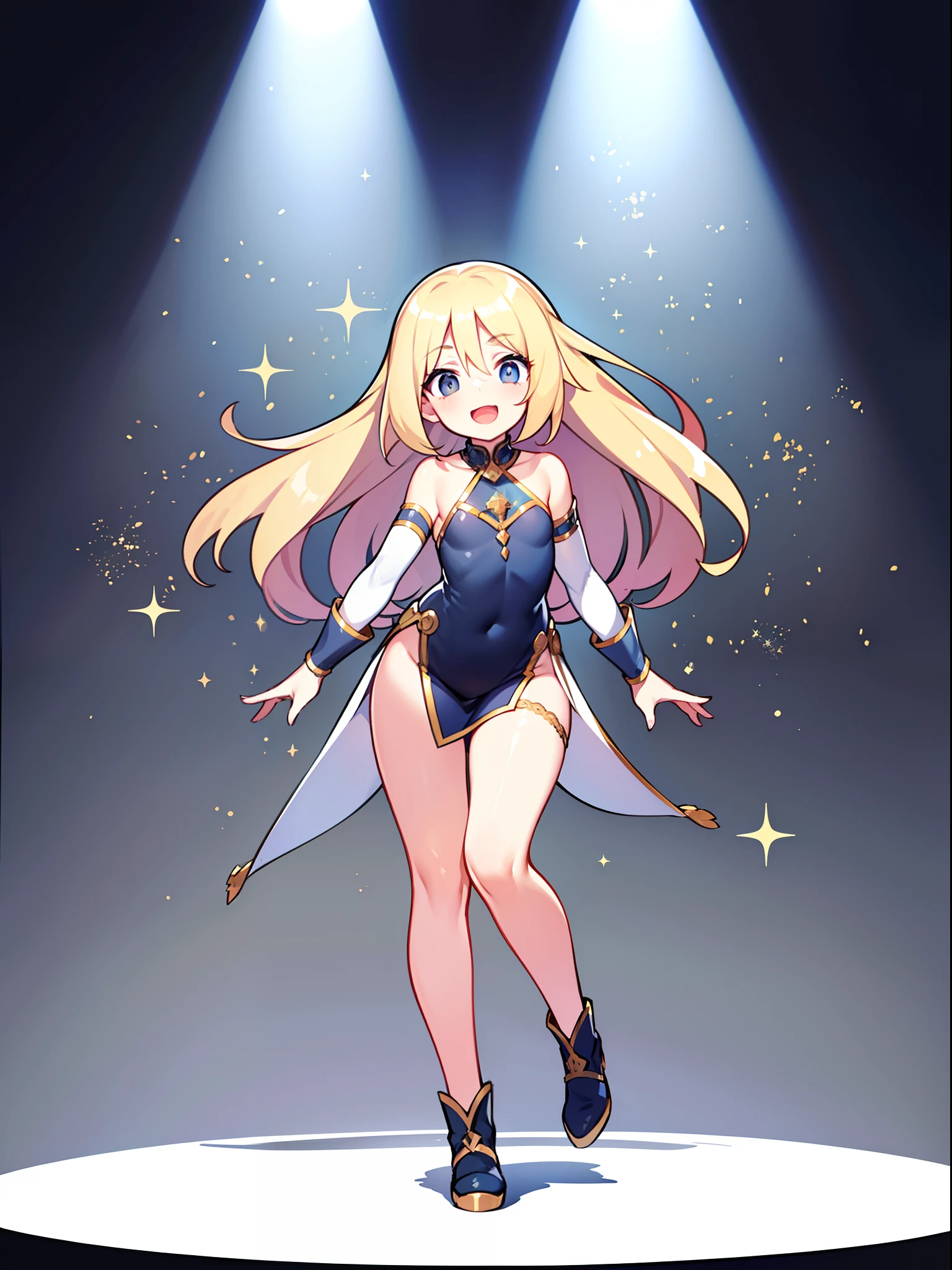 Modest, Shy, Cute, smart, blonde , straight long hair to the middle of the back; Nice friendly look, large grey eyes, long eyelashes; shapely body, Almost flat chest; narrow hips; actress, on the stage, Comedy, farce, humorous monologue, parody scene, inspiration, happiness, Pathos, Impulse for the audience, looks into the hall, Reaching out to the audience, Excited; Sparkle in the eyes, joyful face; full body photographed; high quality textures, higly detailed