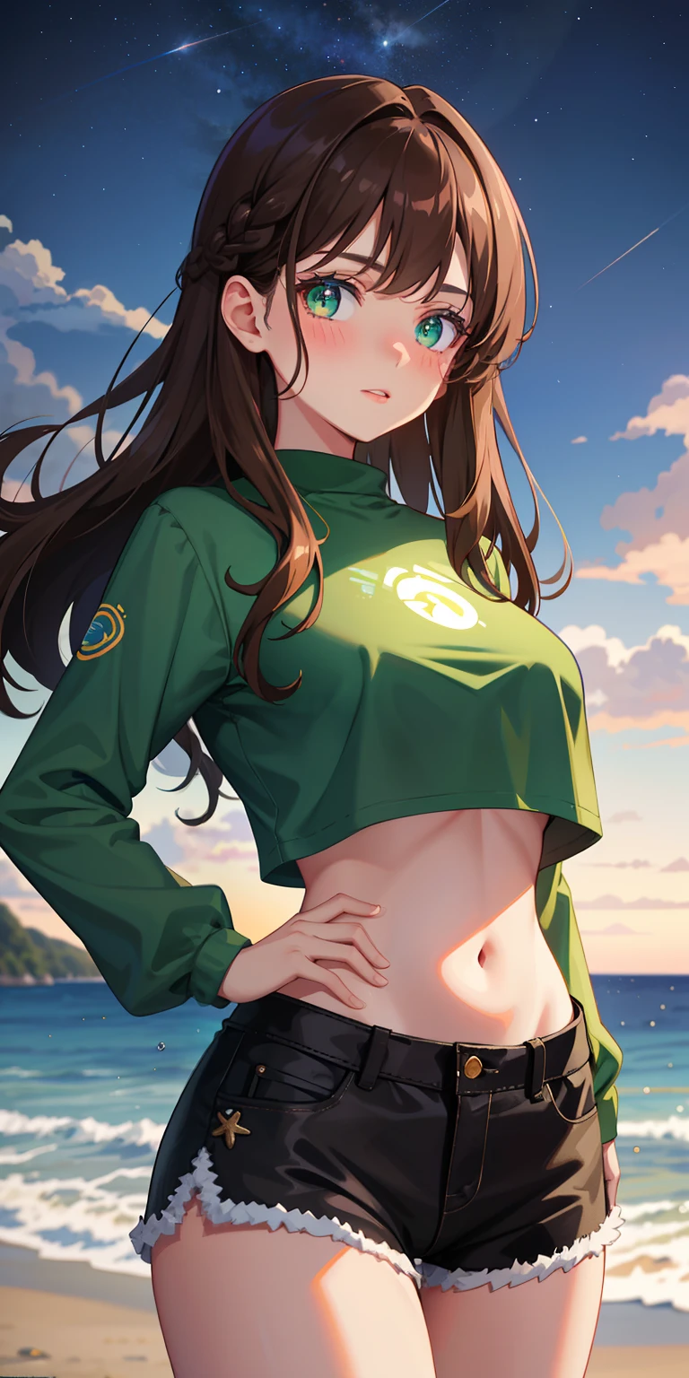 Real, 1girll, Brown hair, Green eyes, Glowing eyes, Black crop top, Long sleeves, Blue shorts, parted lip, Blush, A glorious night sky, Seaside, big breast