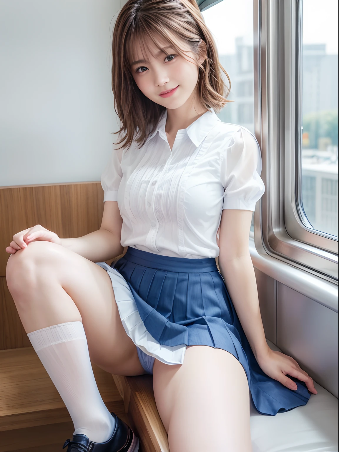 Top  Quality,extremely highly detailed,​masterpiece,realisitic,Photo real,bright lighting,1 girl in, Very beautiful -yeld gi (kawaii:1.2),faint smile, (Brown eyes),(ligh brown hair),(bangss),perfect shiny skin,Flawless skin,((Erotic,Sexy and sexually explicit)),((Precise hands without dissonance)), large full breasts,Big breasts and a thin waist, Watch your audience,,((Short sleeved uniform white shirt)),(Blue mini pleated skirt),(((skirt lift by yourself))),(lifted by self),(Show Panties),Wearing panties,panties focus,((Sits,Open Legs Wide)), Sock, (Black knee socks),(Loafer Shoes), daytime,On the train,Long horizontal seats with your back to the window, Smiling broadly