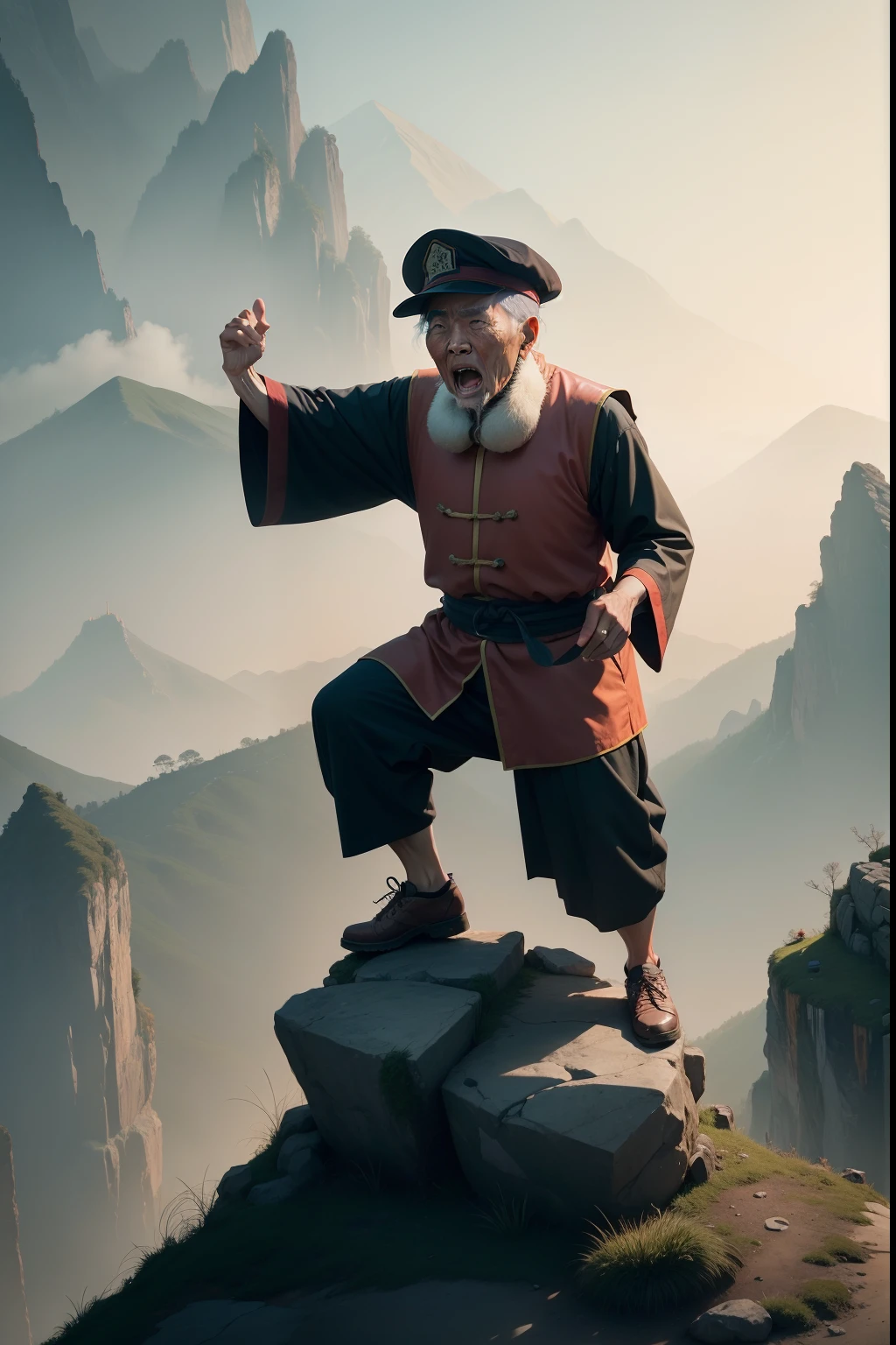 An old Chinese man shouts from the top of a mountain