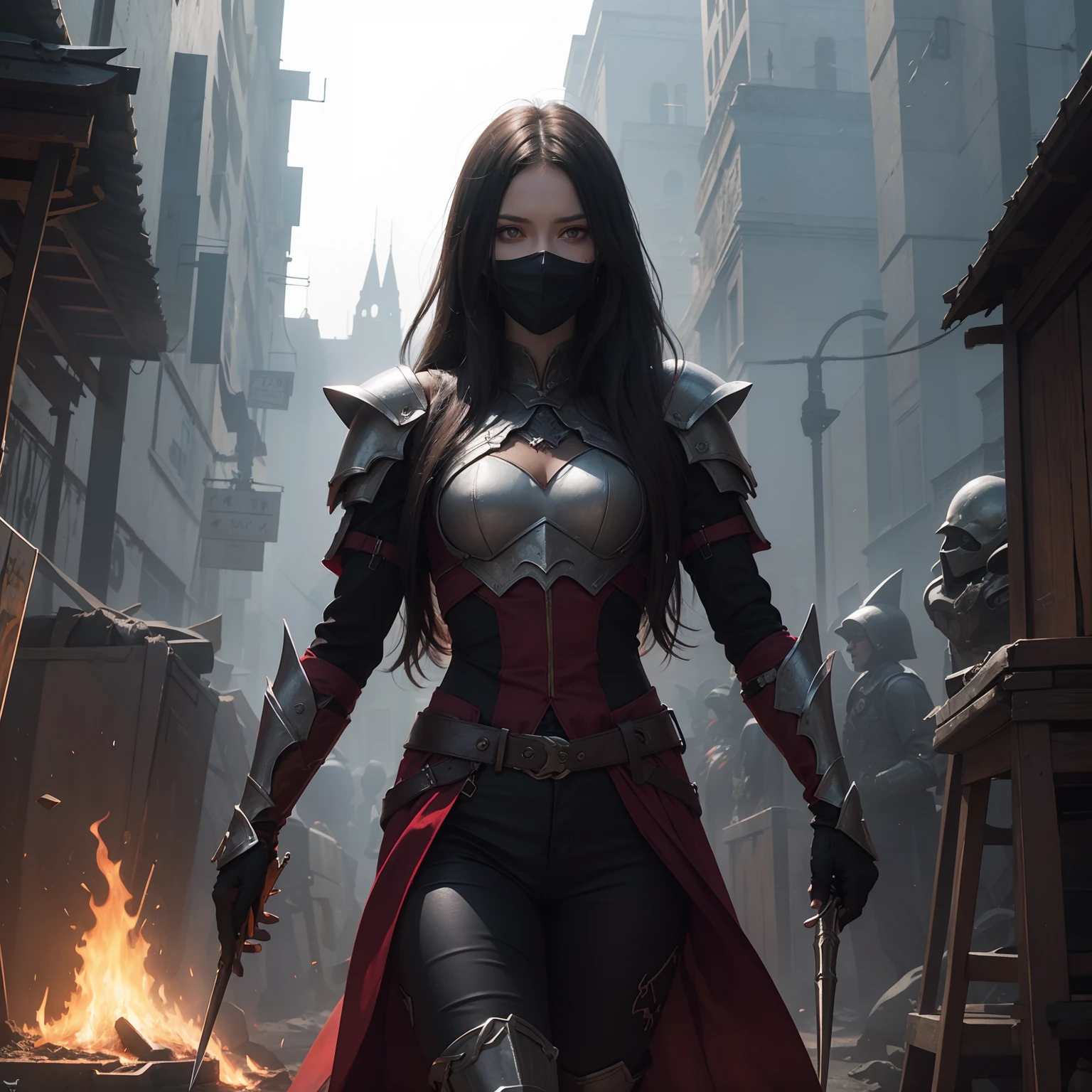 (Fondo de pantalla ultra detallado de la unidad CG 8k, Pieza maestra, La mejor calidad, Profundidad de campo, HDR, intrincado), alto, Sinister dark assassins wearing a metal mask with bright red eyes of dark and light armor with an inconspicuous red cloak behind with sharp daggers in their arms walking in a burning village, (intrincado: 1.4) (Pieza maestra: 1.4) (illustration: 1.4), Red lighting of the studio, Post-procesamiento, 8K resolution, fondo oscuro, Imponente, Fotos meticulosamente compuestas, impresionante, DarkFantasy (Dirigido por: Greg Rutkowski: 1.2), (por Daarken: 1.5)