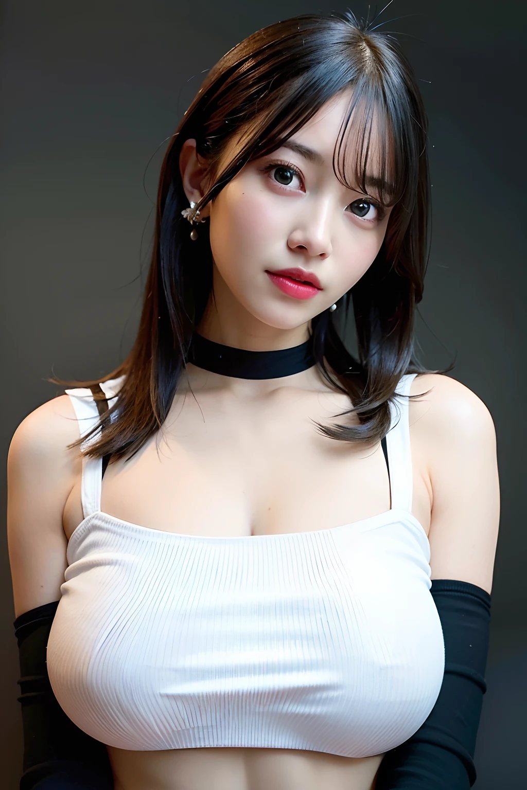 best quality, ultra high res, (photorealistic:1.4), 1girl, off-shoulder white shirt, black tight skirt, black choker, (faded ash gray hair:1), (huge breasts:1.2), looking at viewer, closeup ,